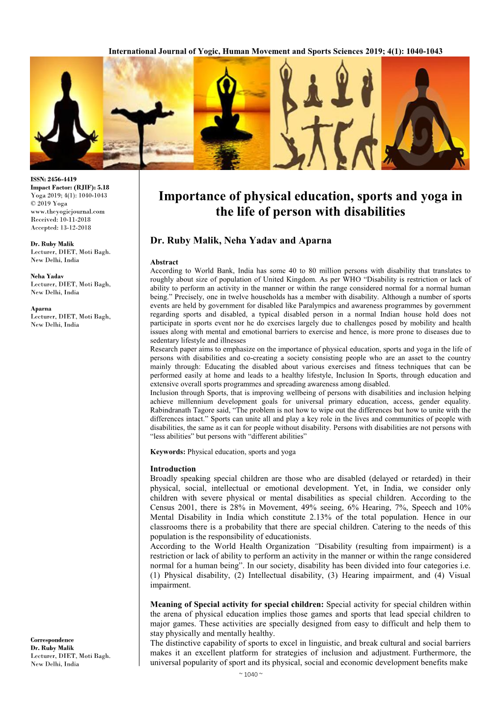Importance of Physical Education, Sports and Yoga in the Life of Person