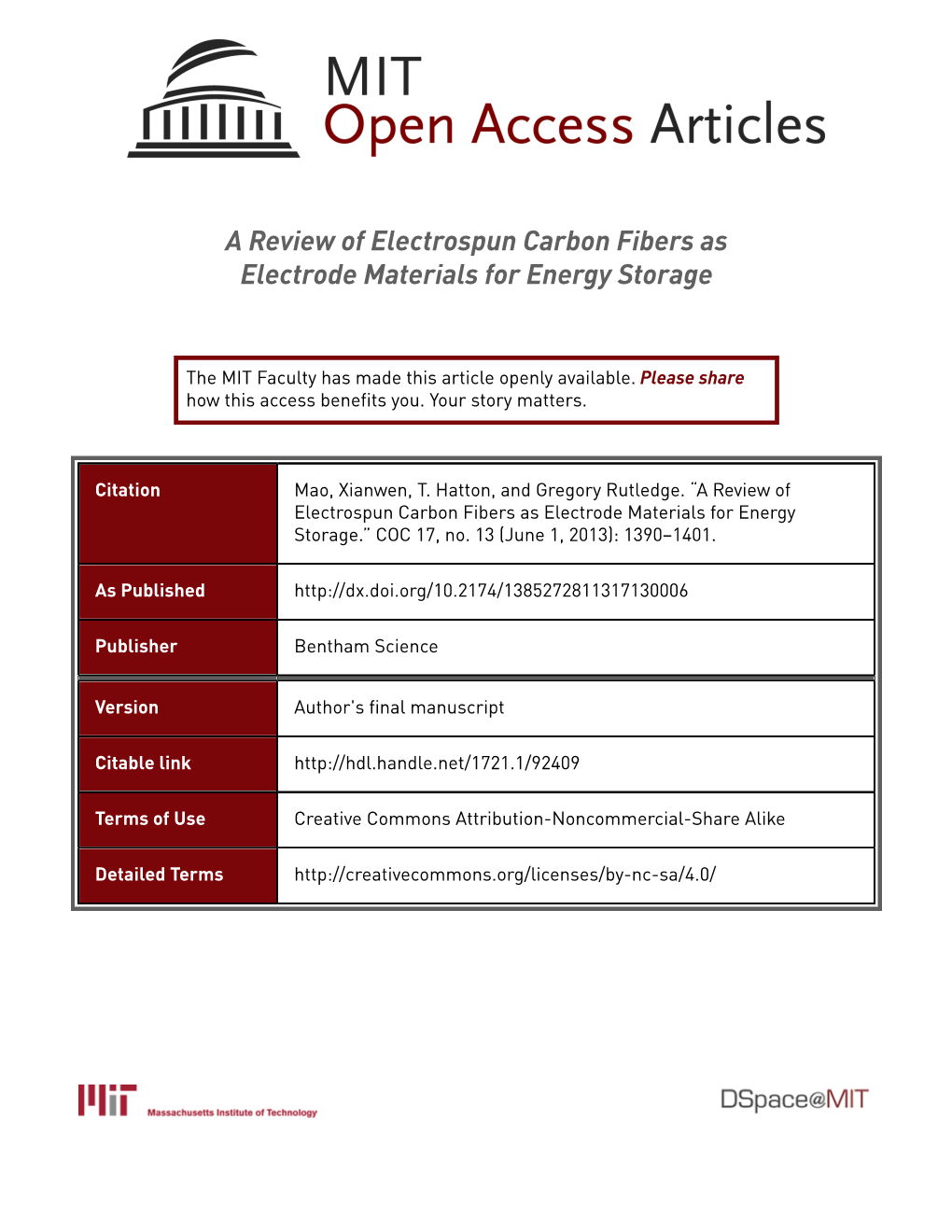 A Review of Electrospun Carbon Fibers As Electrode Materials for Energy Storage