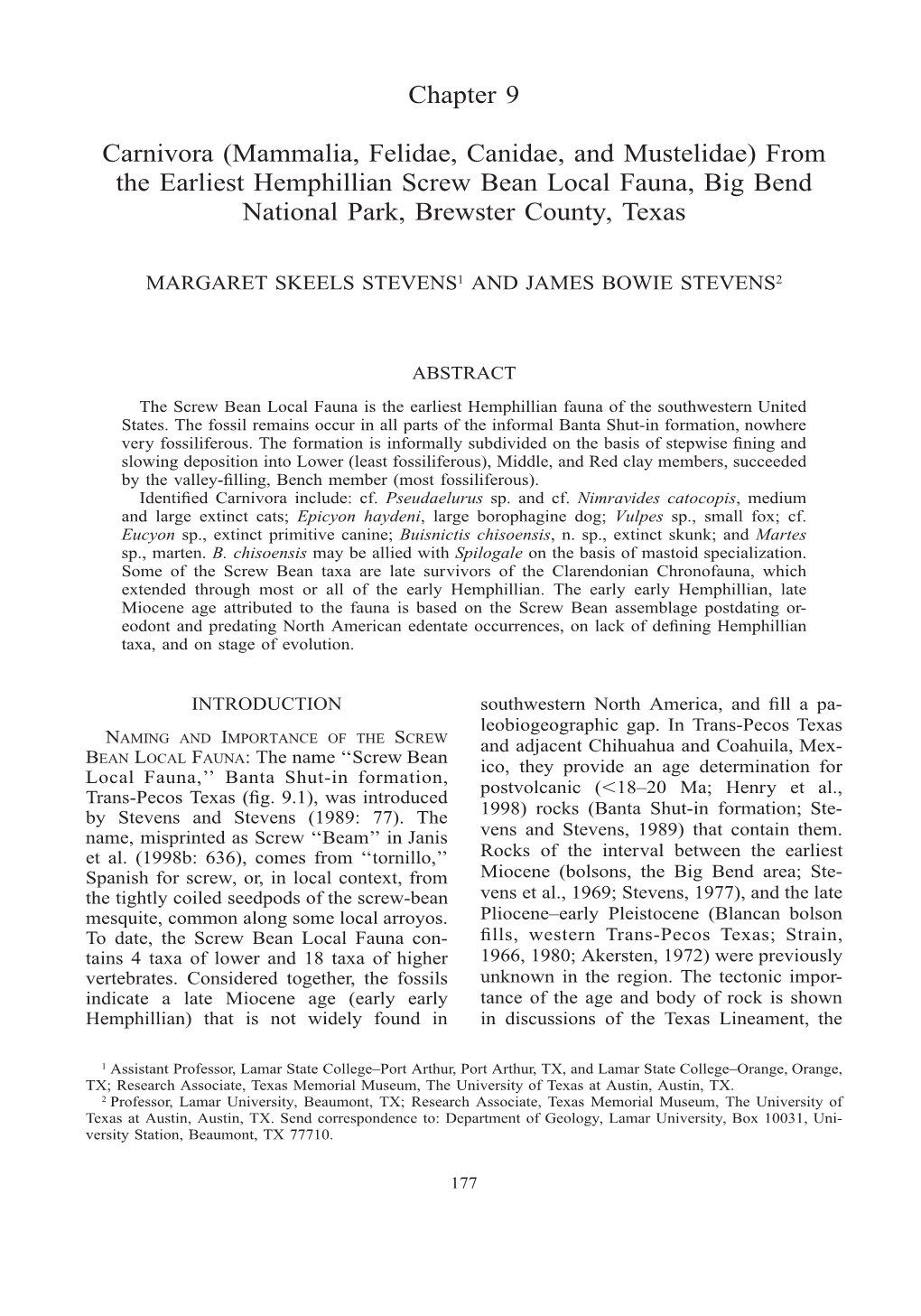 Mammalia, Felidae, Canidae, and Mustelidae) from the Earliest Hemphillian Screw Bean Local Fauna, Big Bend National Park, Brewster County, Texas