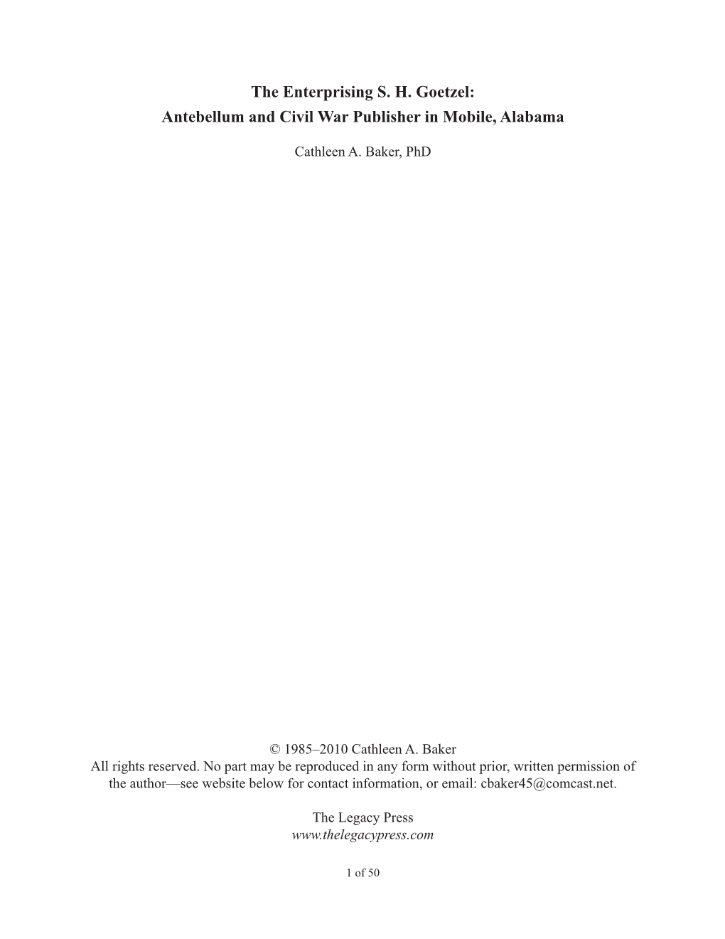 The Enterprising S. H. Goetzel: Antebellum and Civil War Publisher in Mobile, Alabama