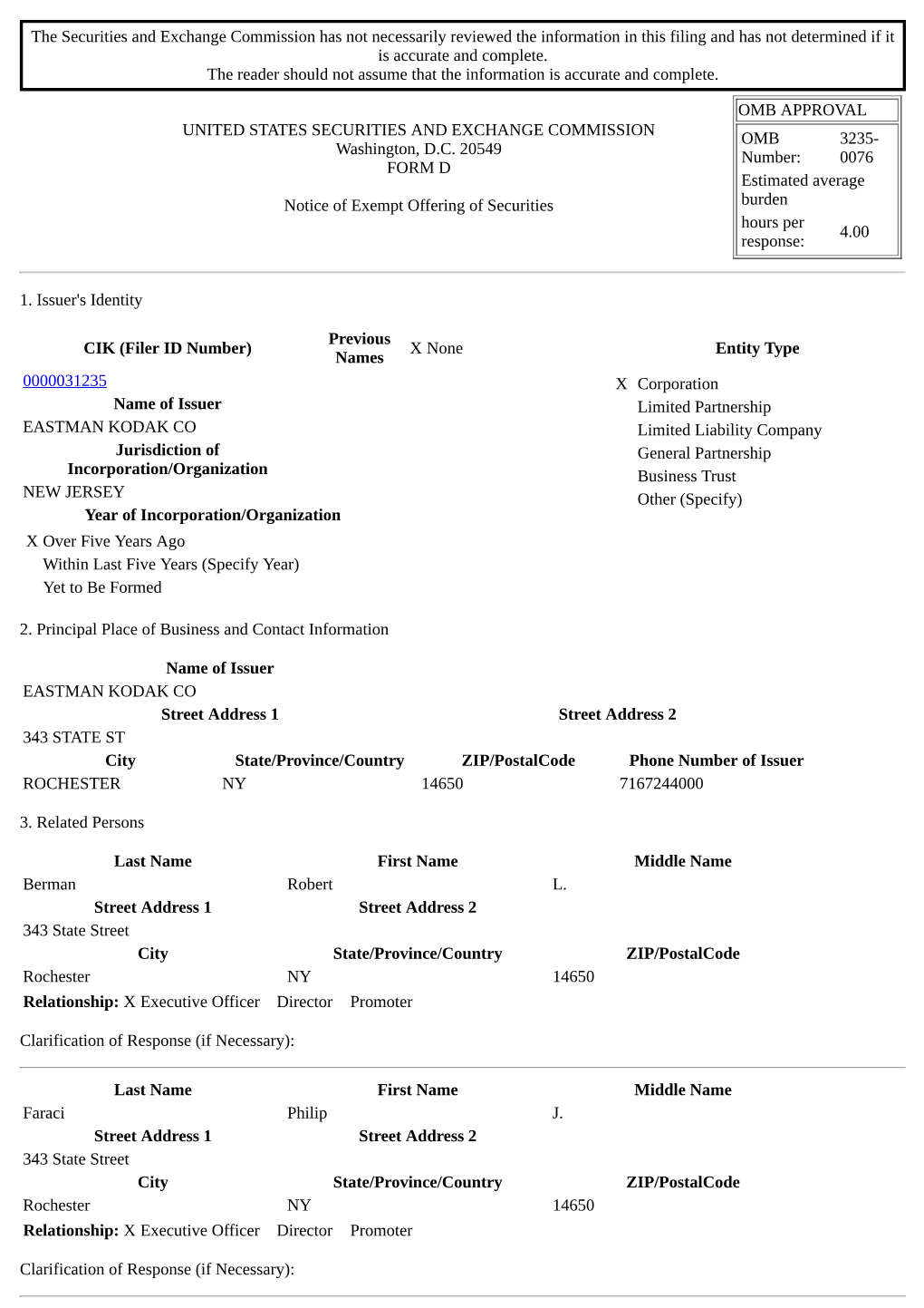 The Securities and Exchange Commission Has Not Necessarily Reviewed the Information in This Filing and Has Not Determined If It Is Accurate and Complete