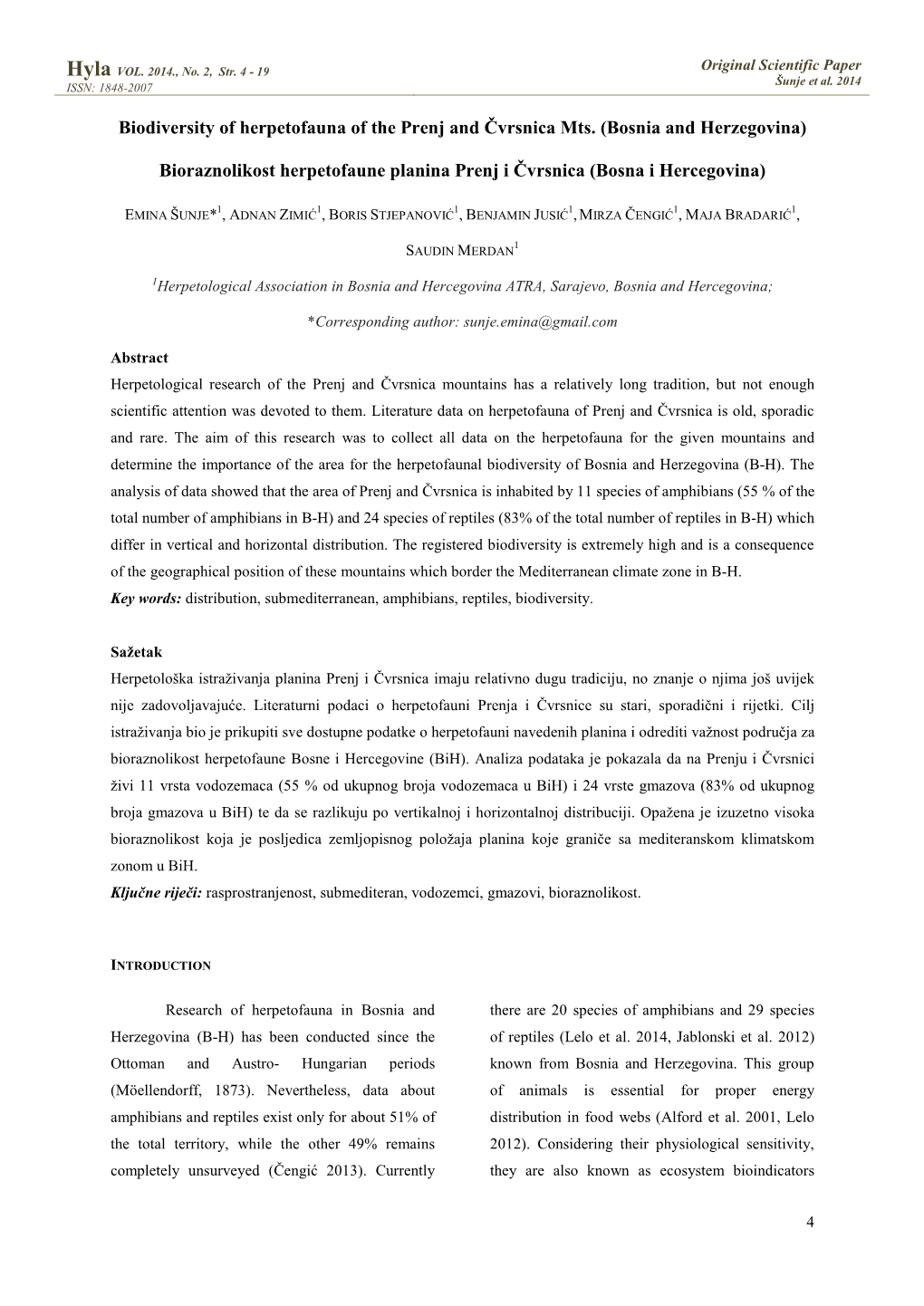 Biodiversity of Herpetofauna of the Prenj and Čvrsnica Mts. (Bosnia and Herzegovina)