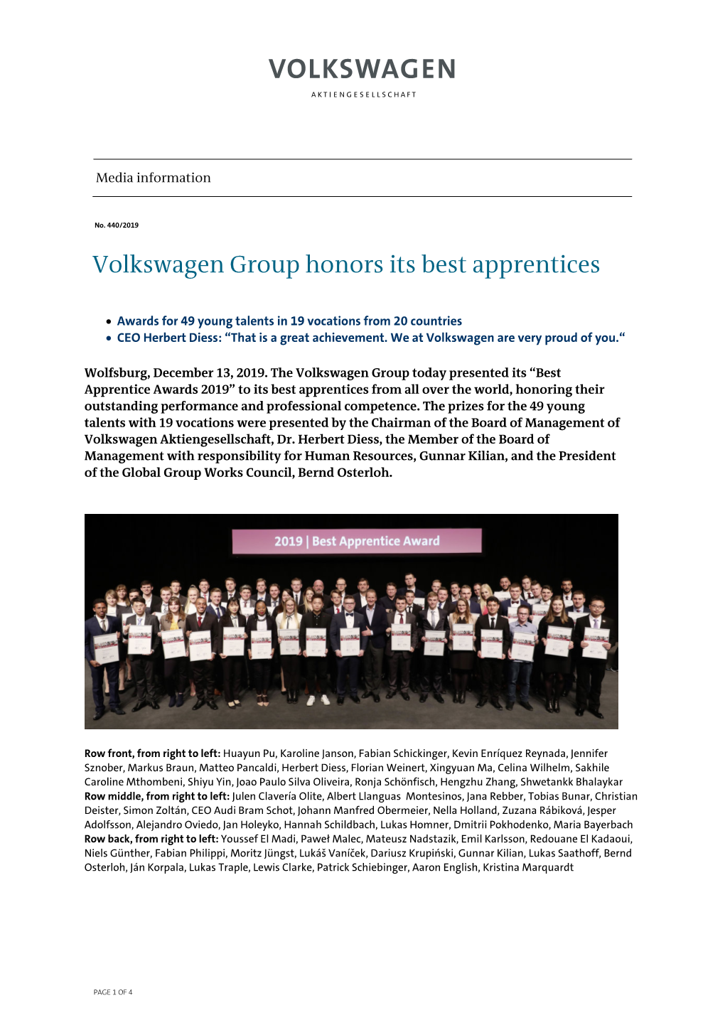 Volkswagen Group Honors Its Best Apprentices