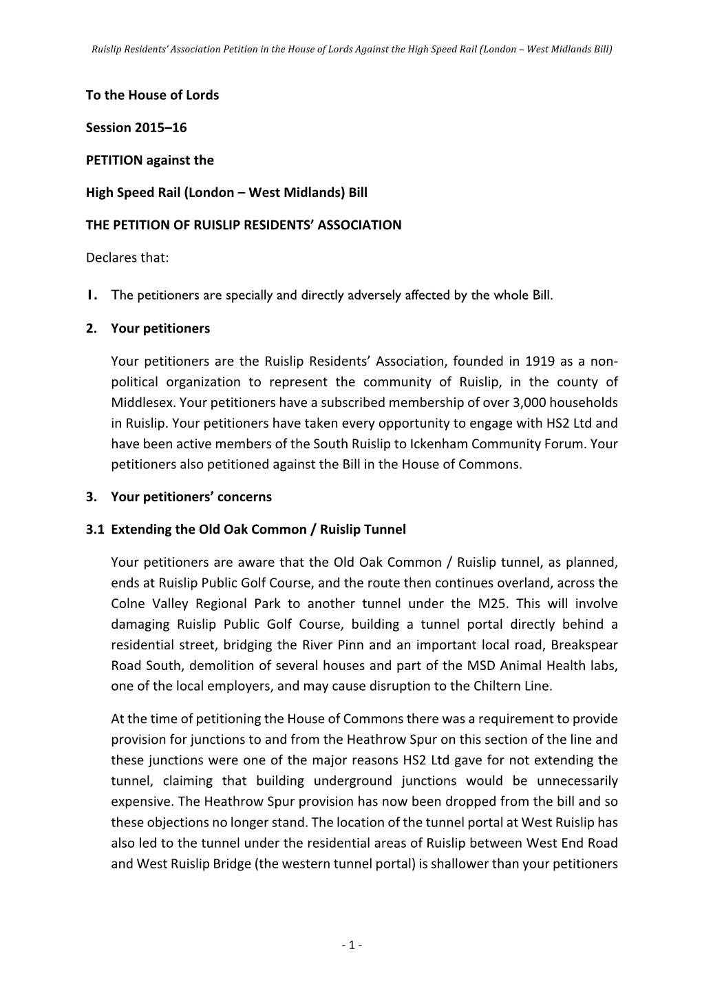 HS2 Petition in the House of Lords for Ruislip Residents Association