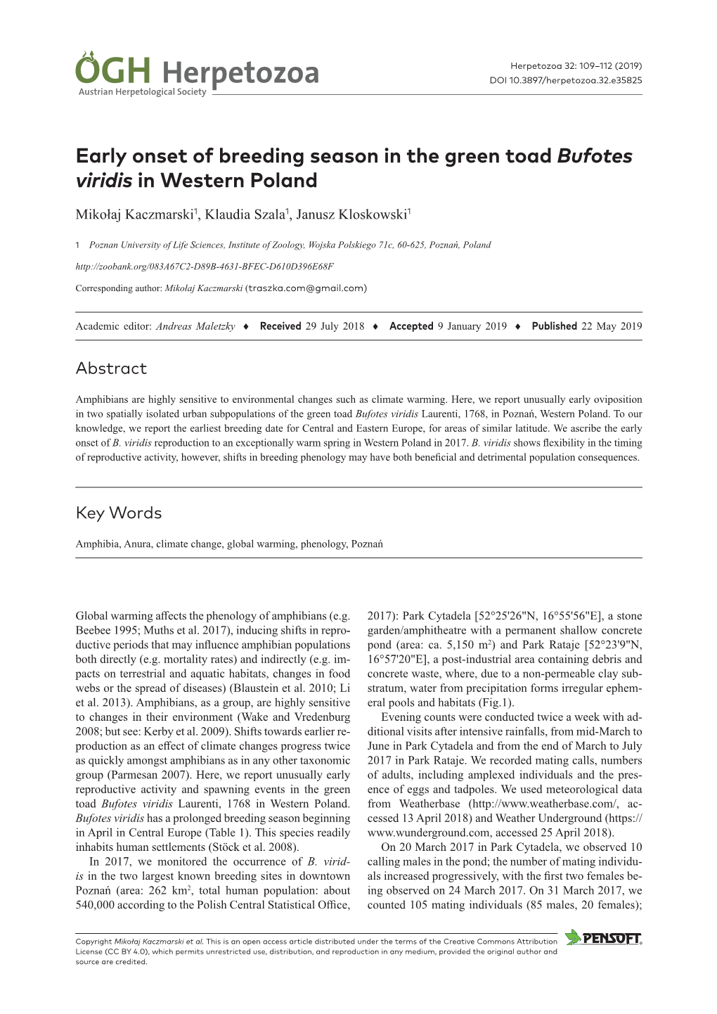 Early Onset of Breeding Season in the Green Toad Bufotes Viridis in Western Poland