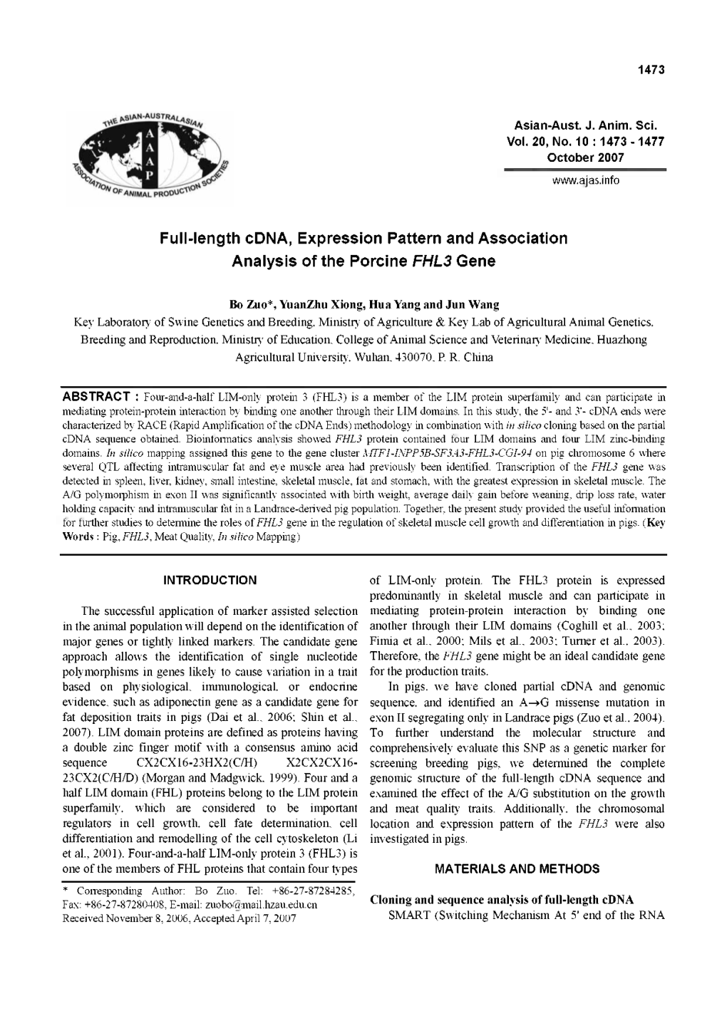 Full-Length Cdna, Expression Pattern and Association Analysis of the Porcine FHL3 Gene