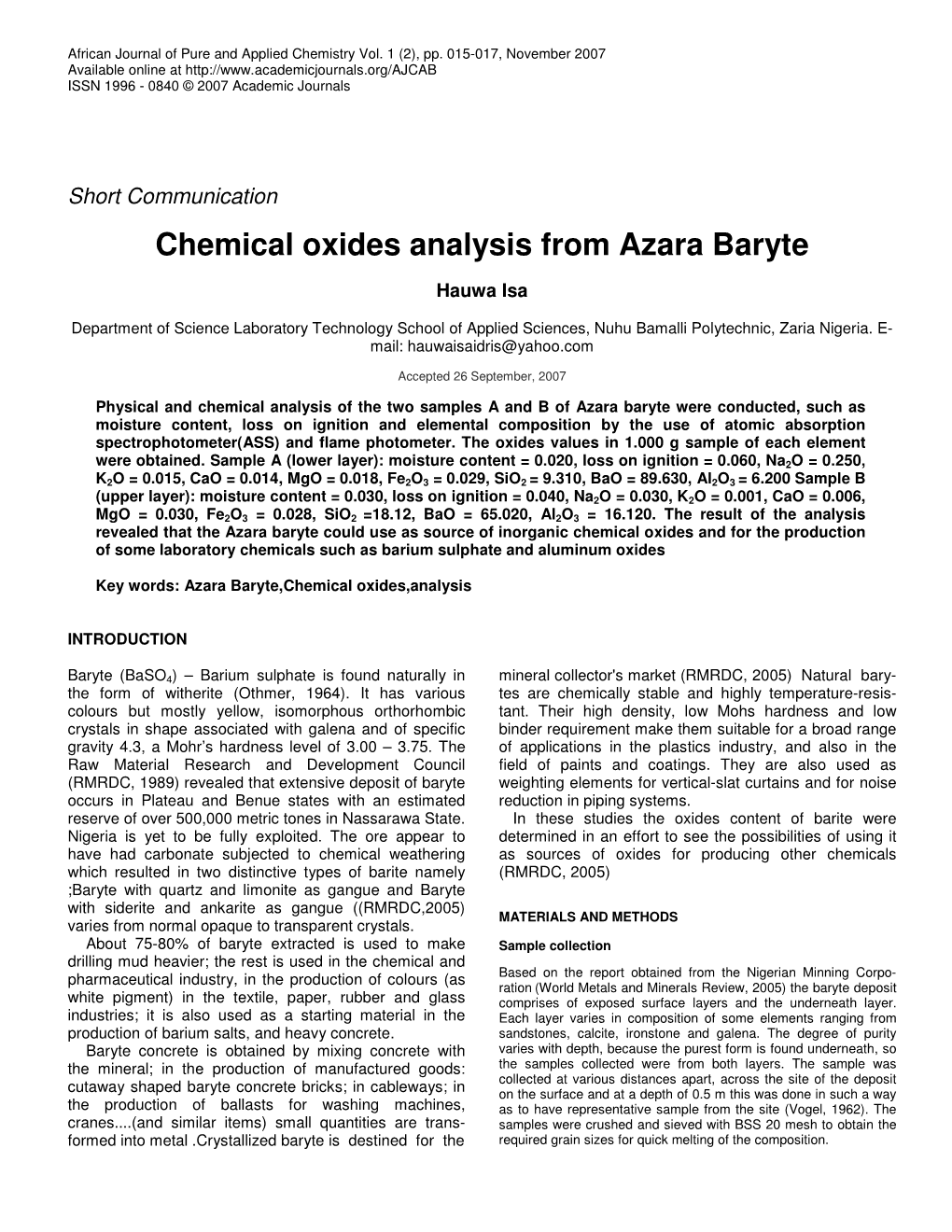 Chemical Oxides Analysis from Azara Baryte