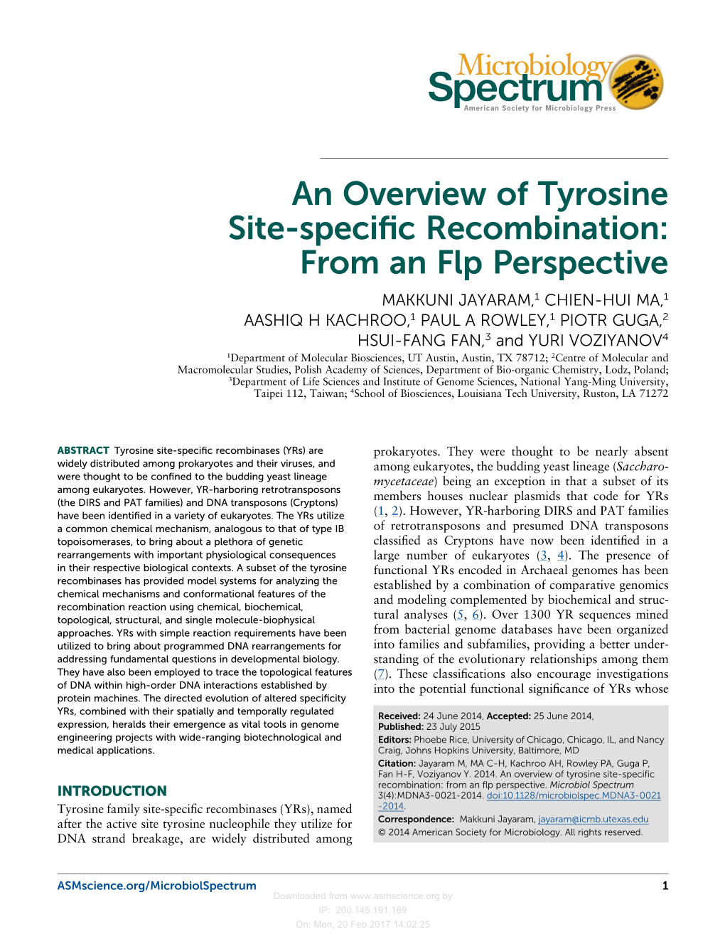 An Overview of Tyrosine Site-Specific Recombination: from an Flp Perspective