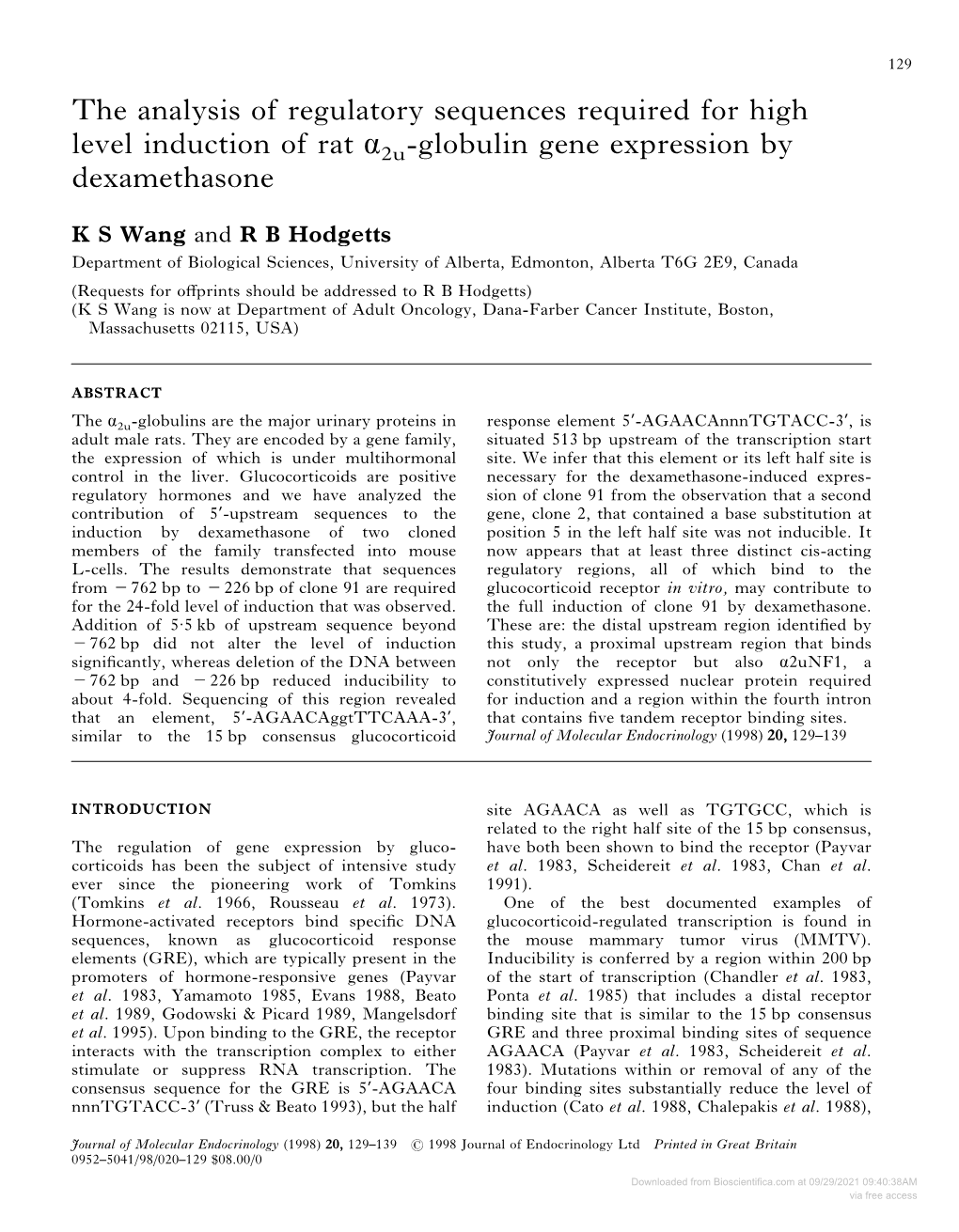 The Analysis of Regulatory Sequences Required for High Level Induction of Rat Á2u-Globulin Gene Expression by Dexamethasone