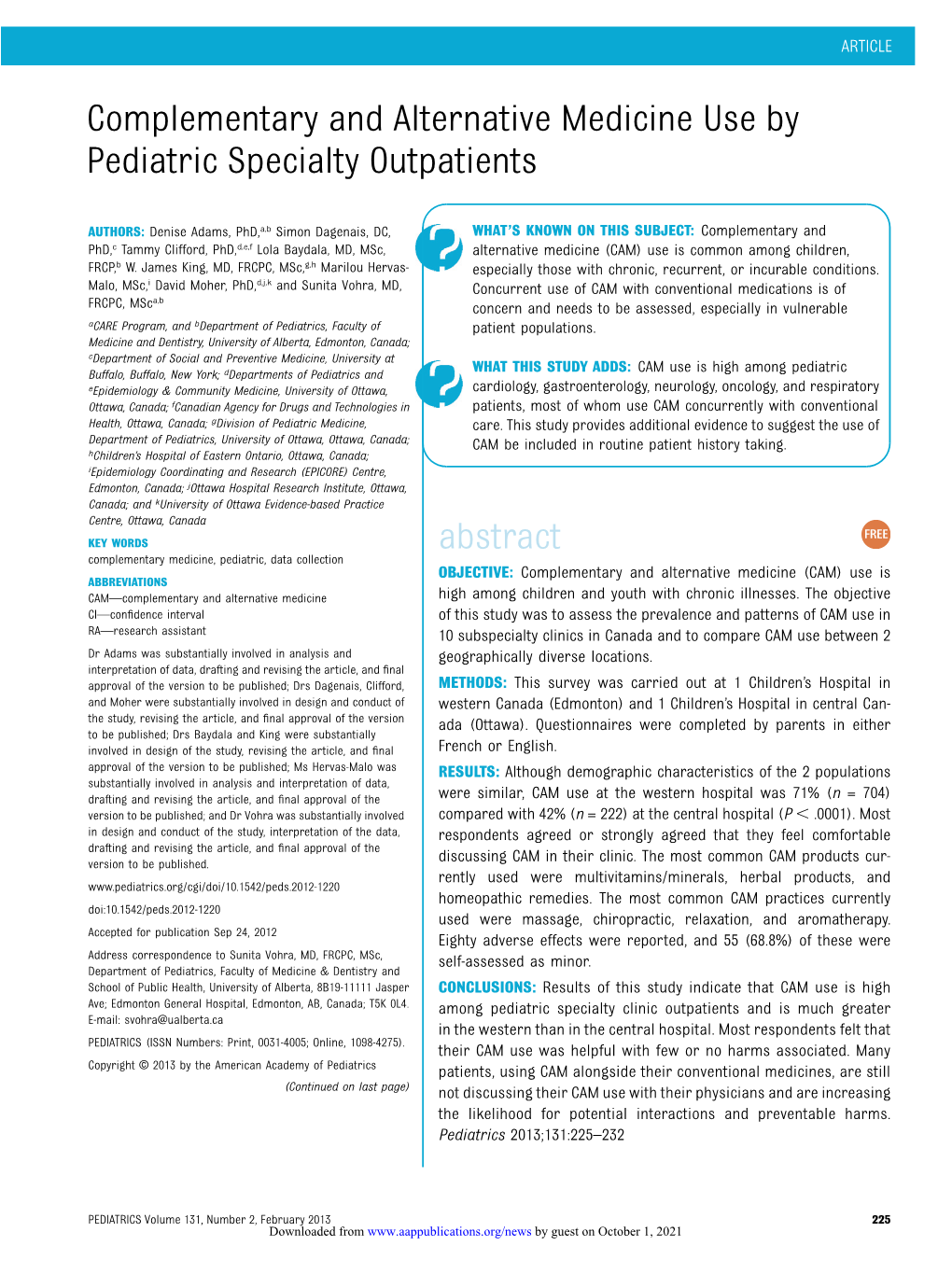 Complementary and Alternative Medicine Use by Pediatric Specialty Outpatients