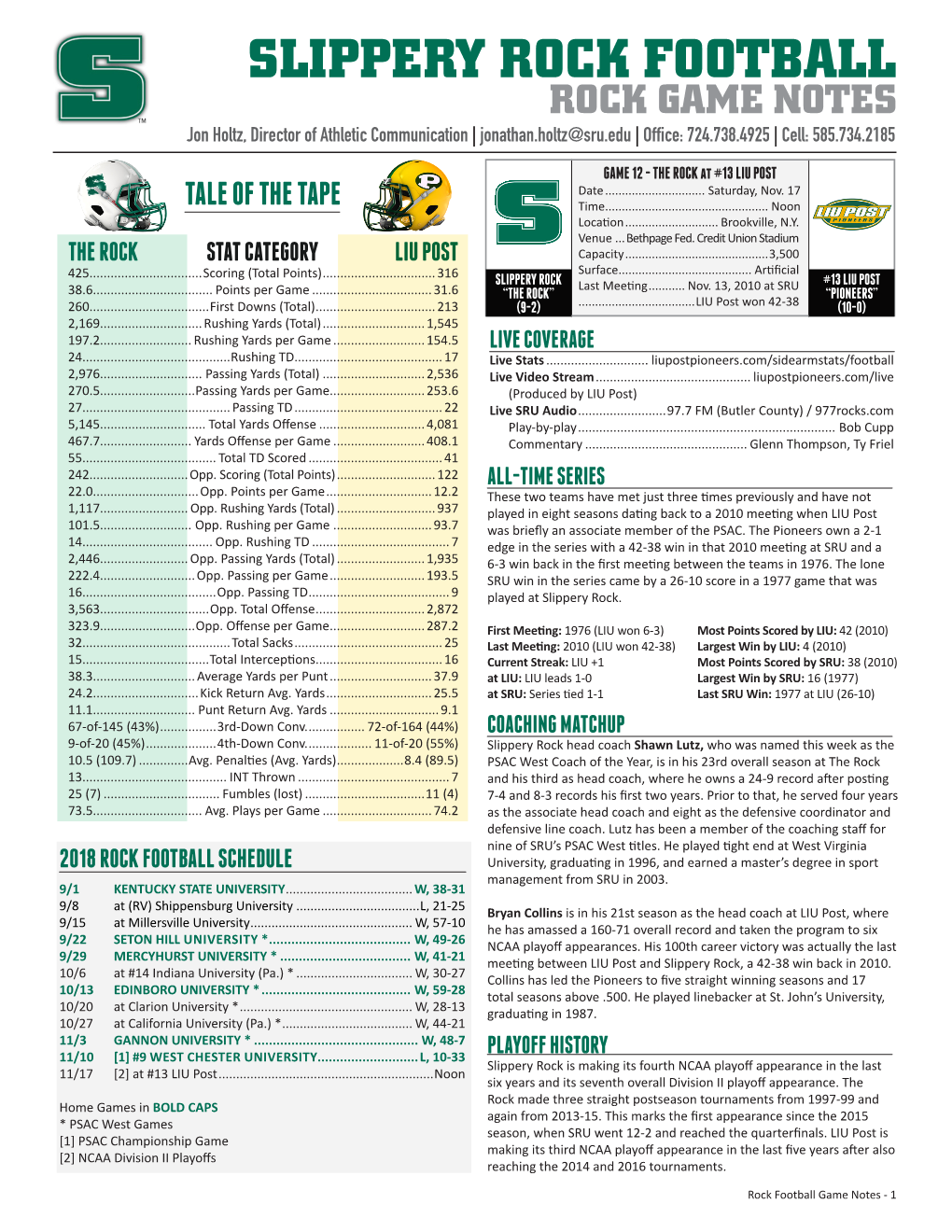 SLIPPERY ROCK FOOTBALL ROCK GAME NOTES Jon Holtz, Director of Athletic Communication | Jonathan.Holtz@Sru.Edu | Office: 724.738.4925| Cell: 585.734.2185