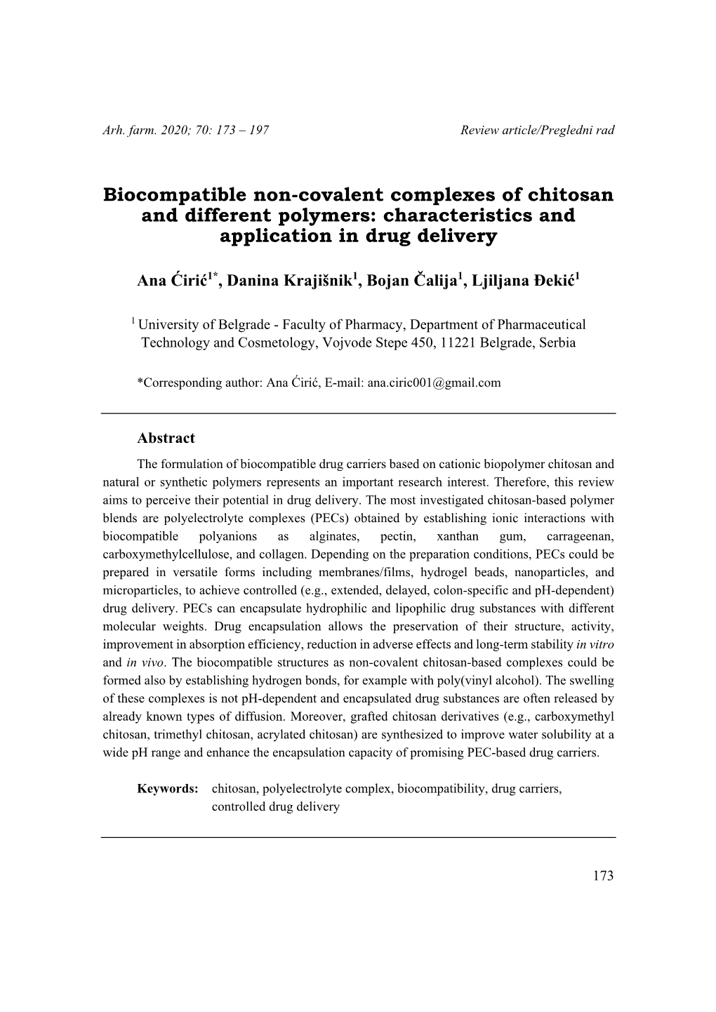 Biocompatible Non-Covalent Complexes of Chitosan and Different Polymers: Characteristics and Application in Drug Delivery