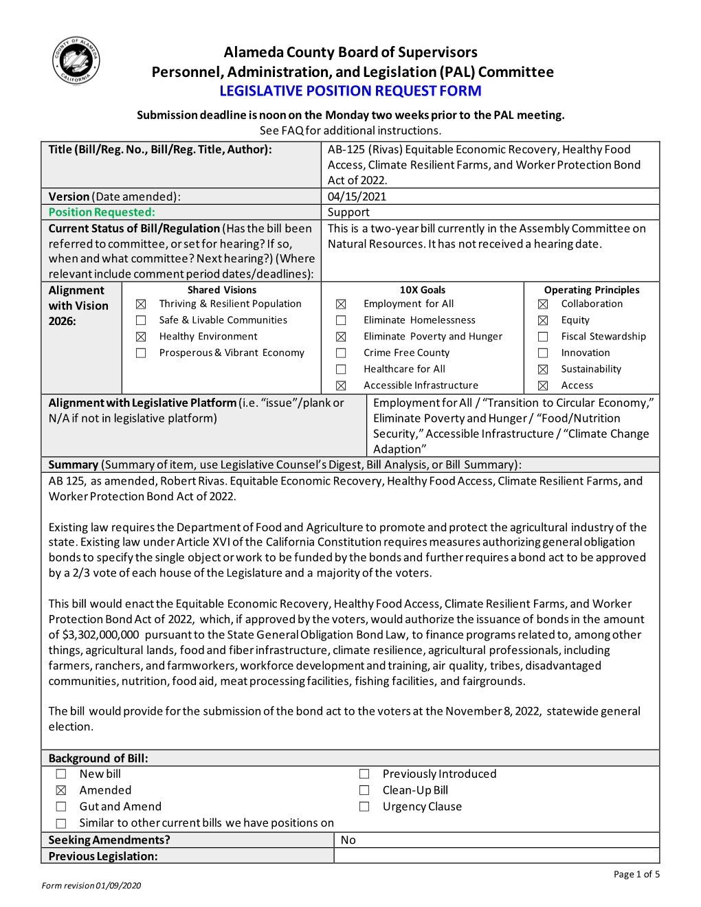 Alameda County Board of Supervisors Personnel, Administration, and Legislation (PAL) Committee LEGISLATIVE POSITION REQUEST FORM