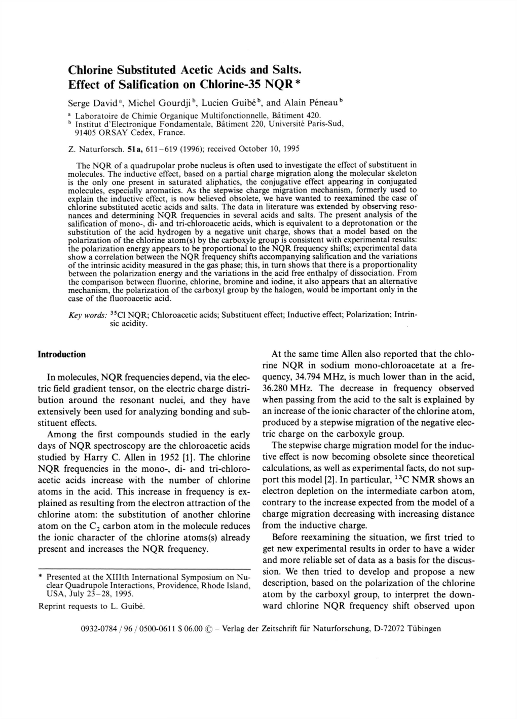 Chlorine Substituted Acetic Acids and Salts. Effect of Salification on Chlorine-35 NQR*