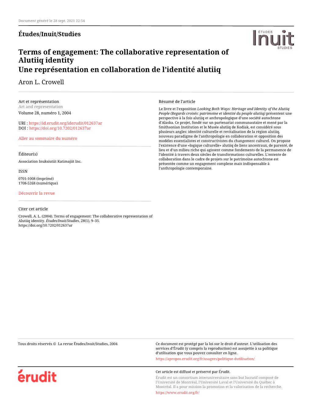 The Collaborative Representation of Alutiiq Identity Une Représentation En Collaboration De L’Identité Alutiiq Aron L