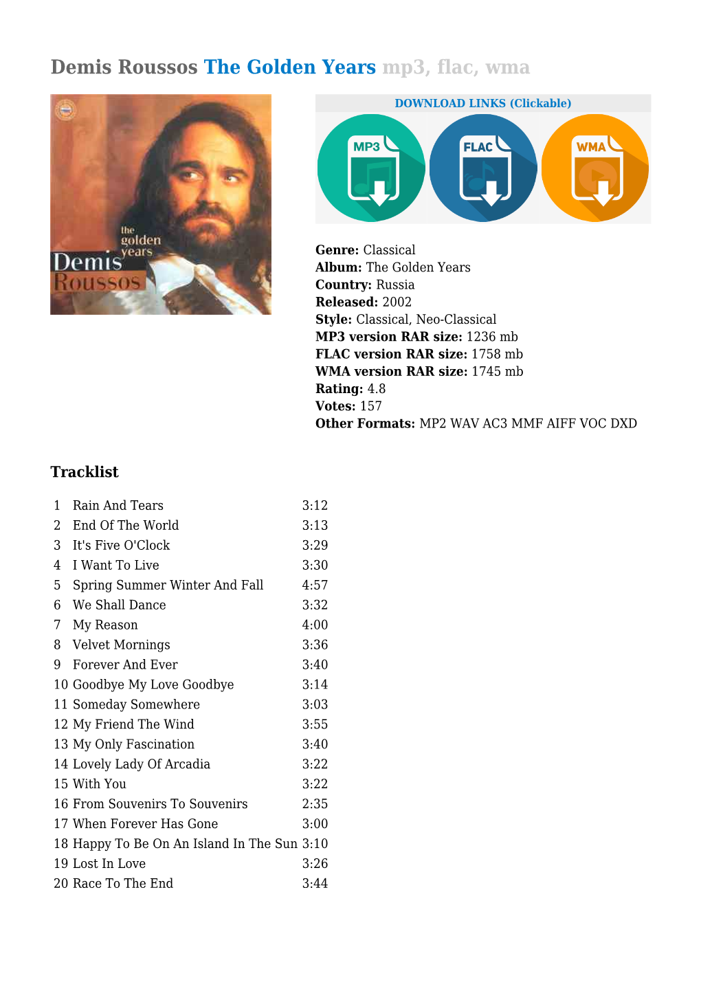 Demis Roussos the Golden Years Mp3, Flac, Wma