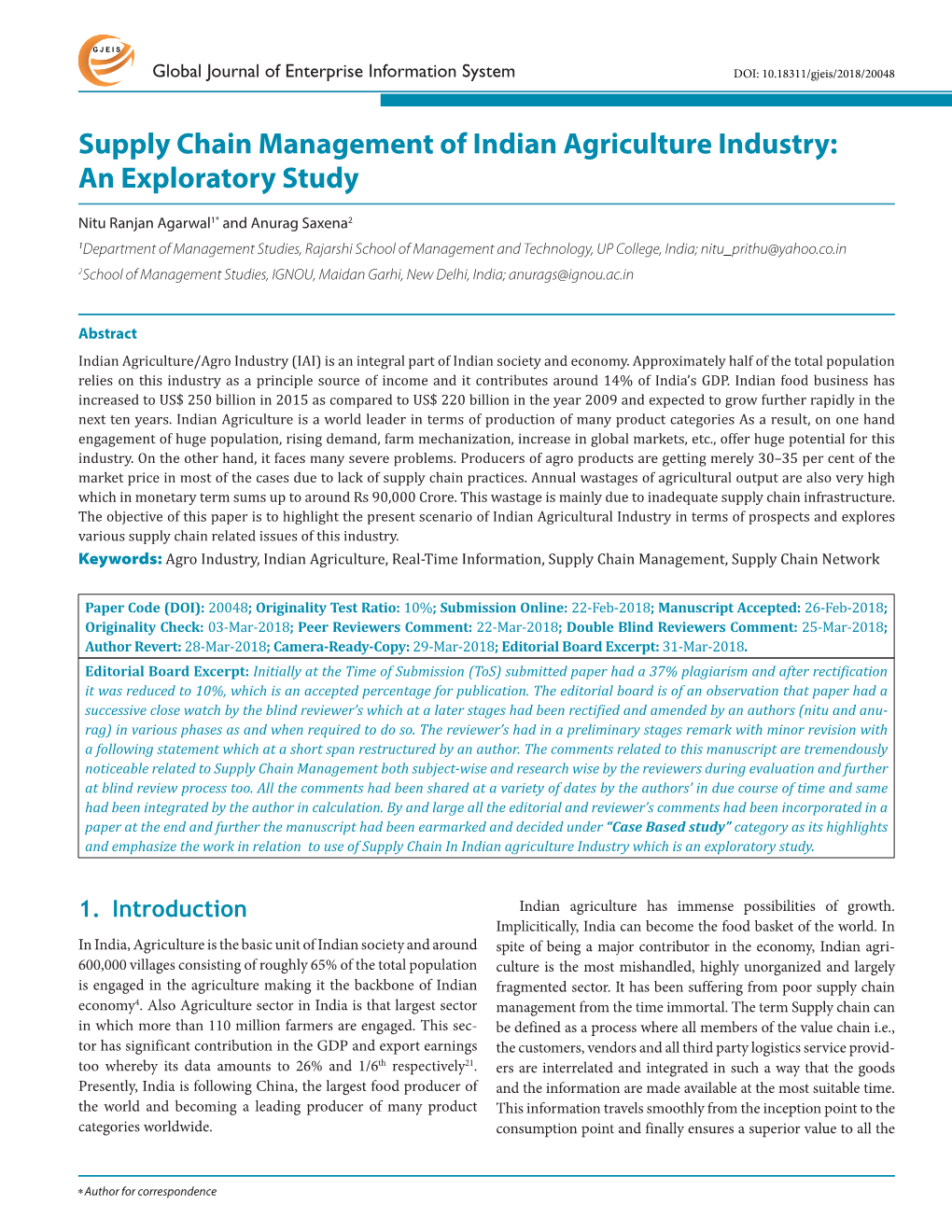 Supply Chain Management of Indian Agriculture Industry: an Exploratory Study