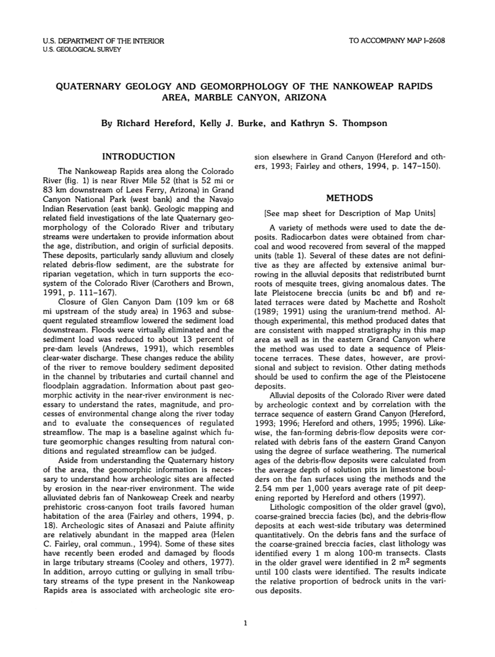 Quaternary Geology and Geomorphology of the Nankoweap Rapids Area, Marble Canyon, Arizona