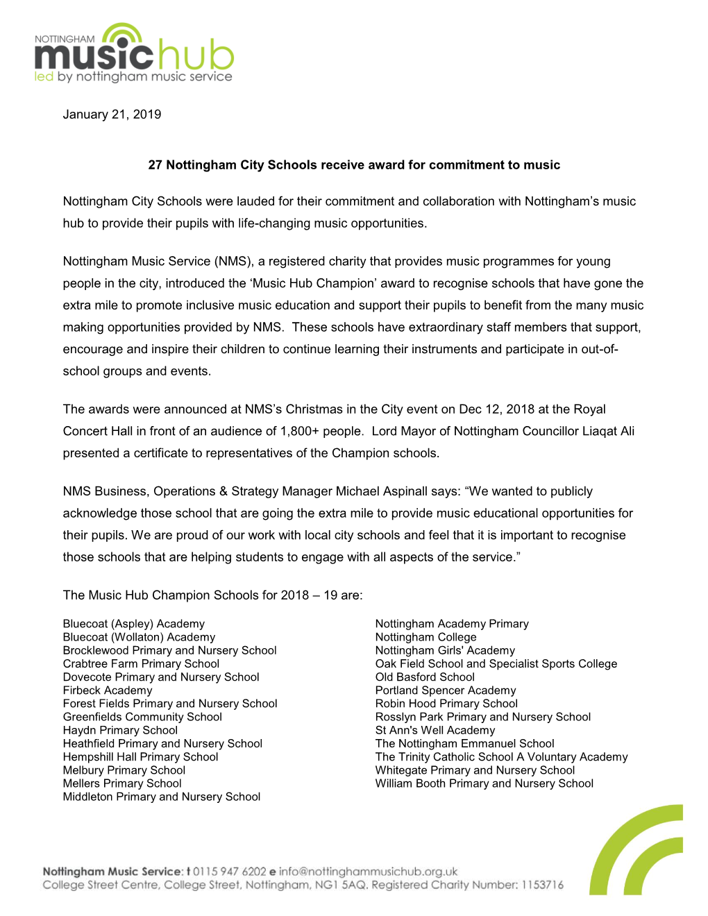 January 21, 2019 27 Nottingham City Schools Receive Award For