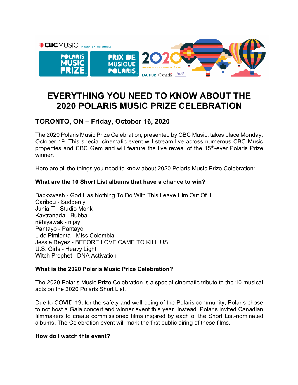Everything You Need to Know About the 2020 Polaris Music Prize Celebration
