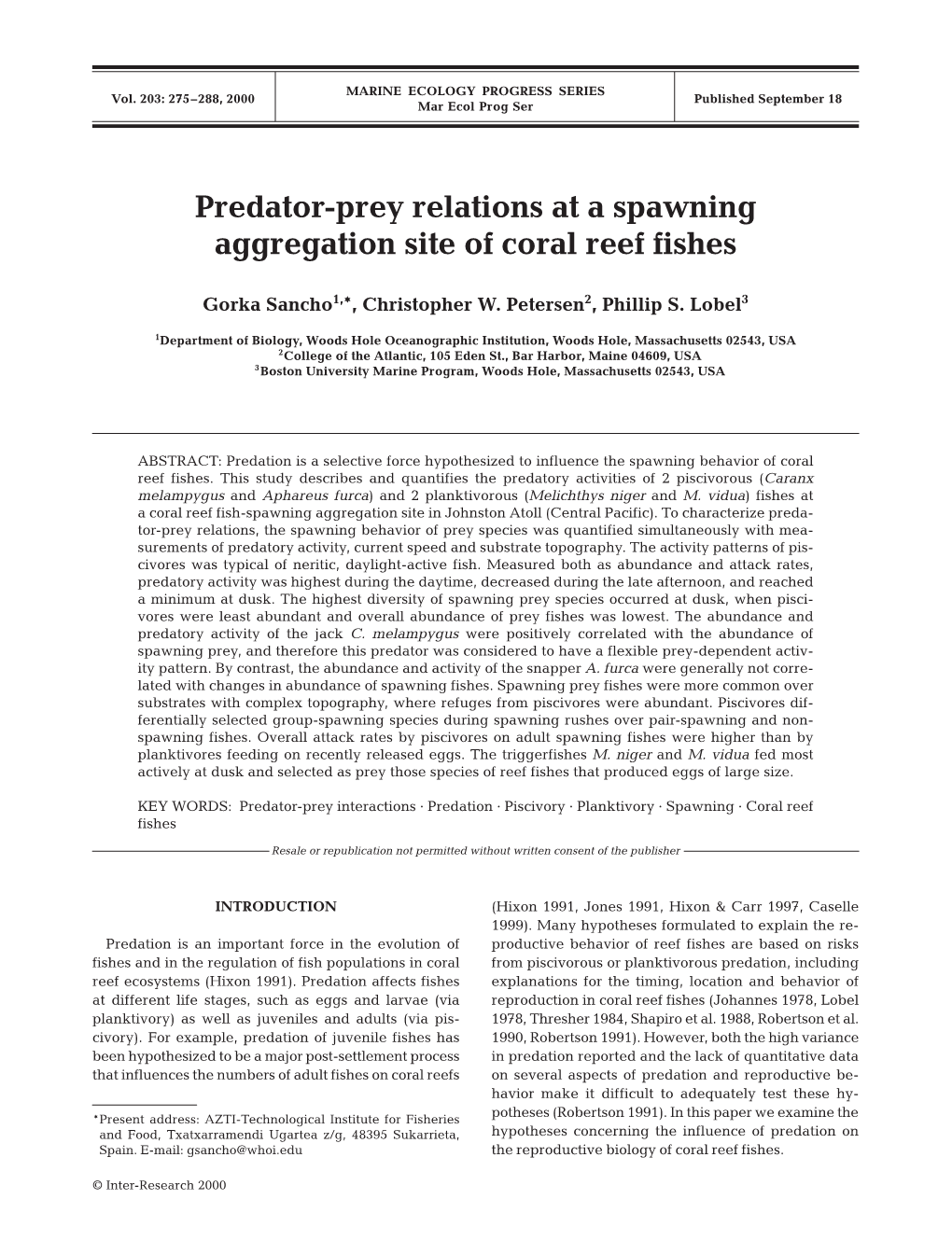 Predator-Prey Relations at a Spawning Aggregation Site of Coral Reef Fishes