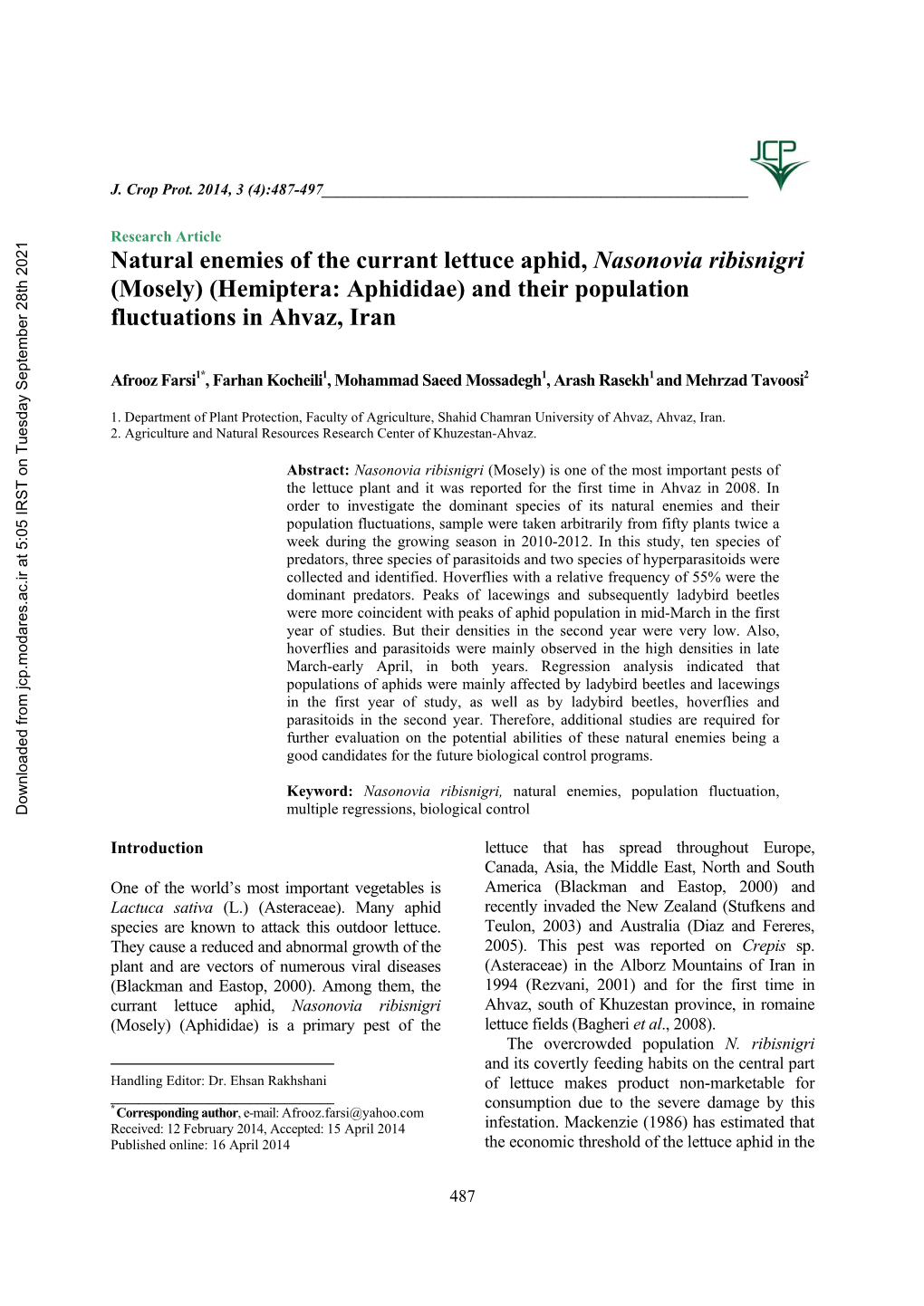 Natural Enemies of the Currant Lettuce Aphid, Nasonovia Ribisnigri (Mosely) (Hemiptera: Aphididae) and Their Population Fluctuations in Ahvaz, Iran