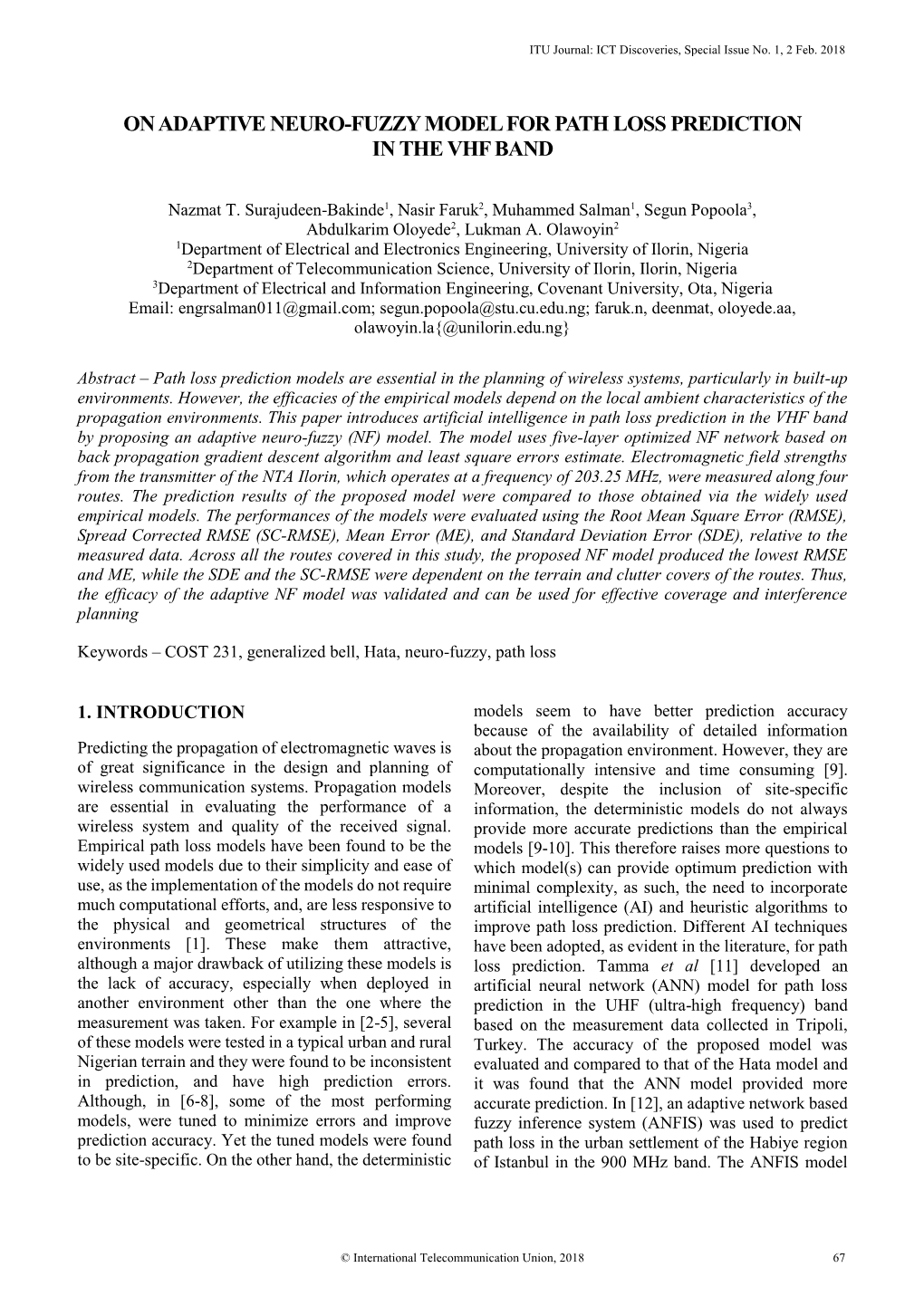 On Adaptive Neuro-Fuzzy Model for Path Loss Prediction in the Vhf Band