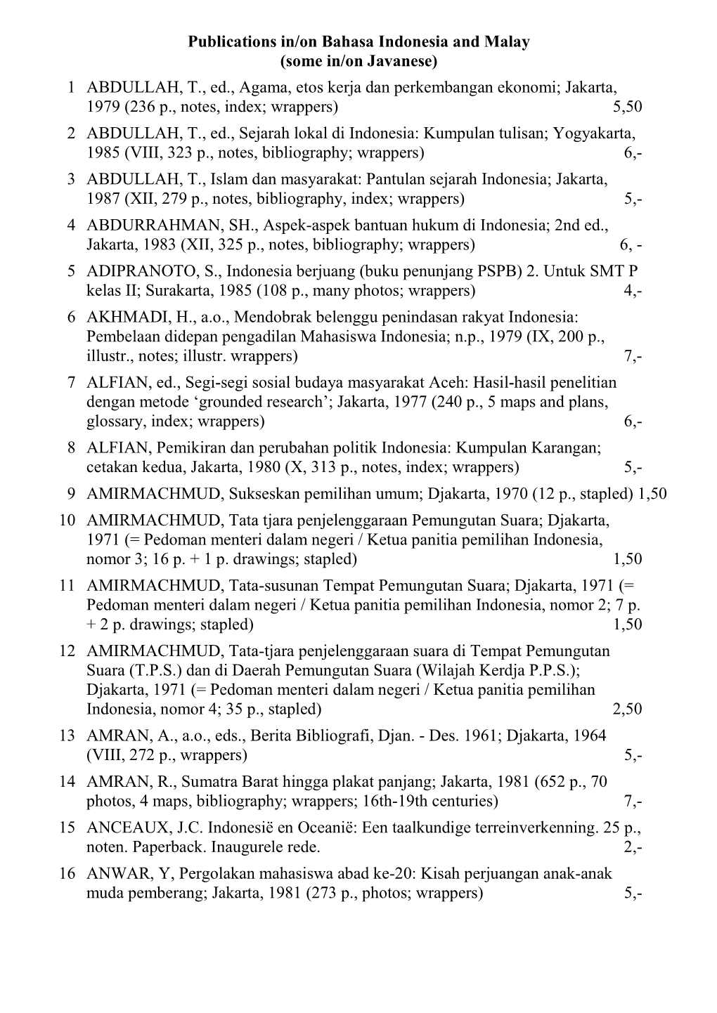 Publications In/On Bahasa Indonesia and Malay (Some In/On Javanese) 1