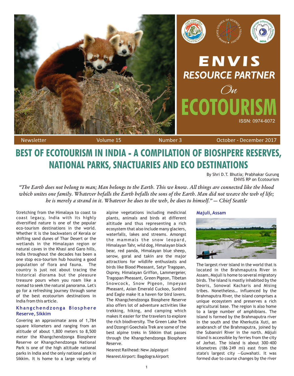October - December 2017 BEST of ECOTOURISM in INDIA - a COMPILATION of BIOSHPERE RESERVES, NATIONAL PARKS, SNACTUARIES and ECO DESTINATIONS by Shri D.T