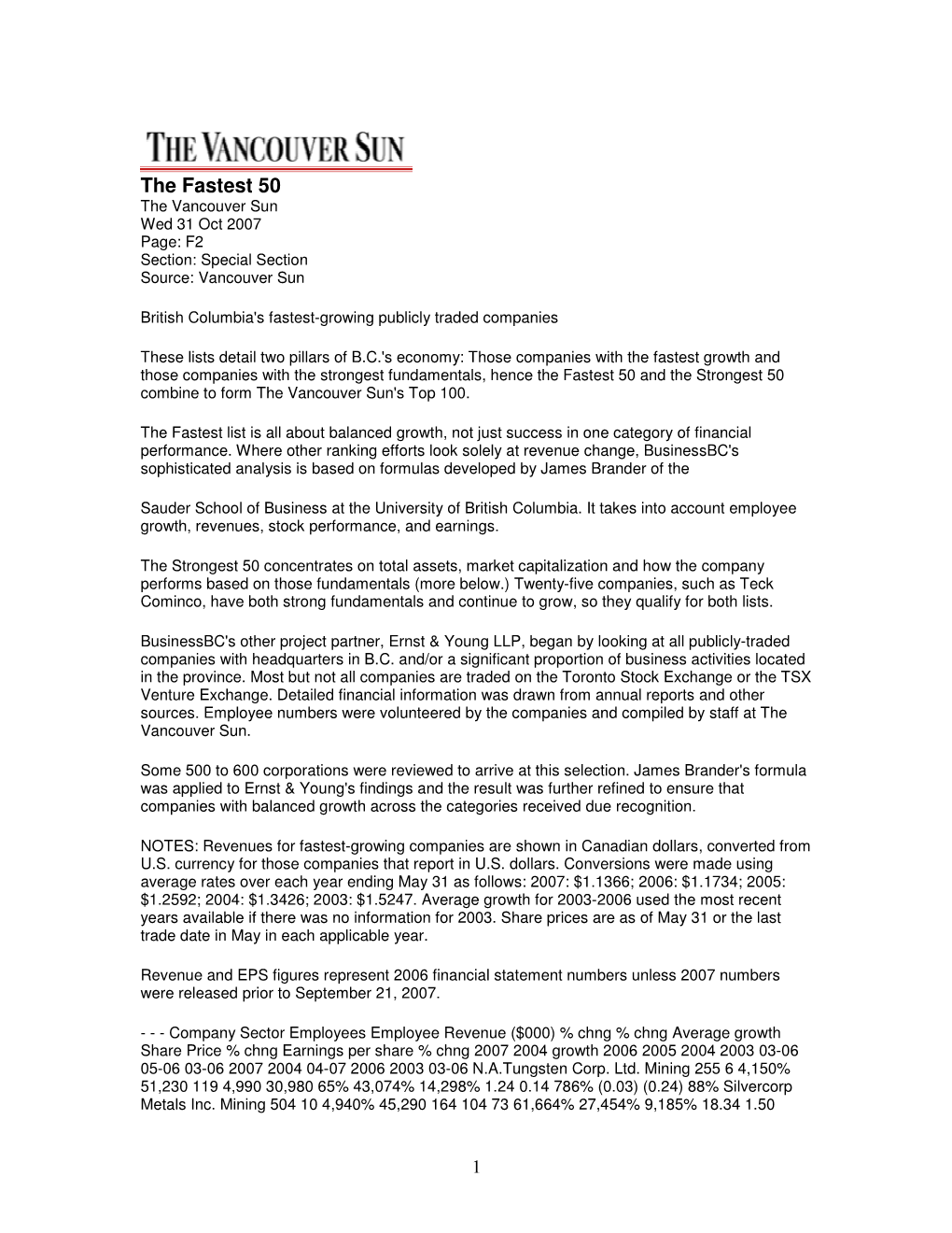 The Fastest 50 the Vancouver Sun Wed 31 Oct 2007 Page: F2 Section: Special Section Source: Vancouver Sun