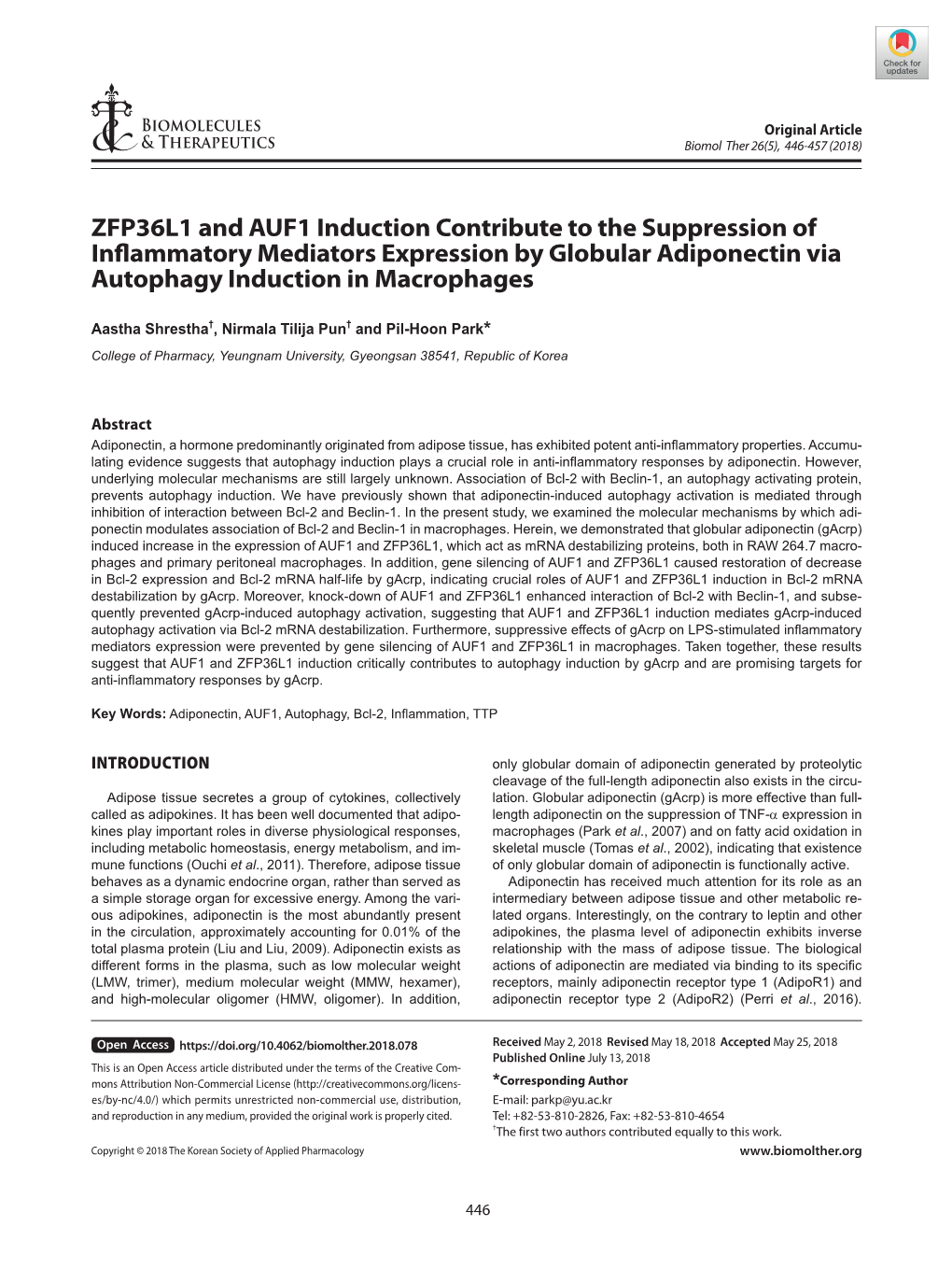 ZFP36L1 and AUF1 Induction Contribute to the Suppression of Inflammatory Mediators Expression by Globular Adiponectin Via Autophagy Induction in Macrophages