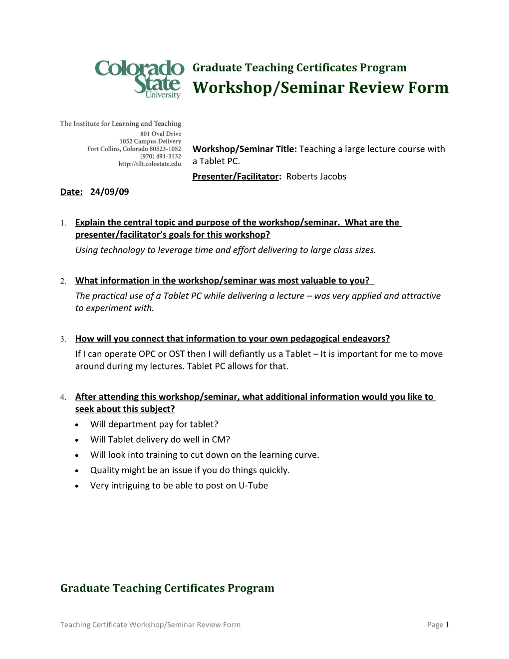 Workshop/Seminar Review Form