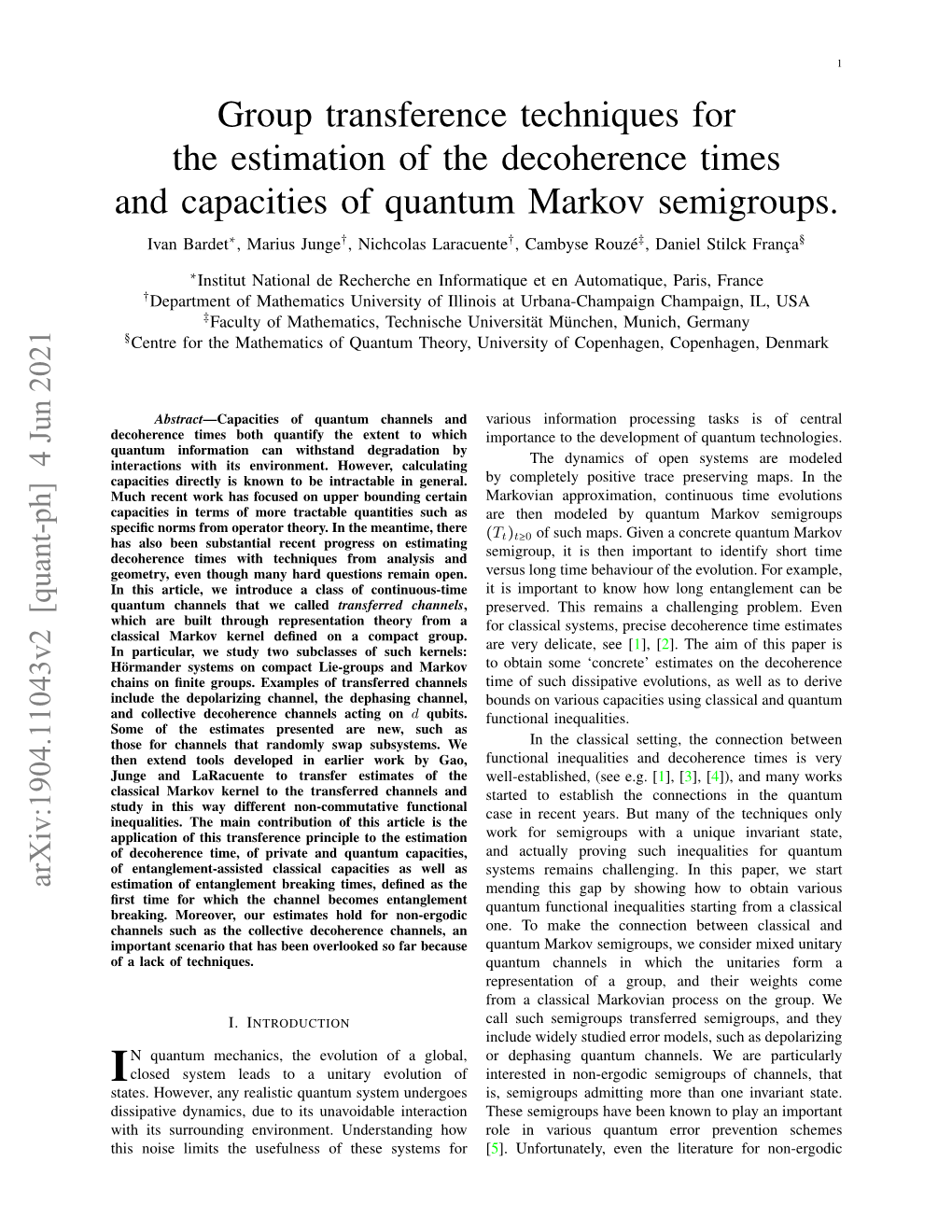 Group Transference Techniques for the Estimation of the Decoherence Times and Capacities of Quantum Markov Semigroups