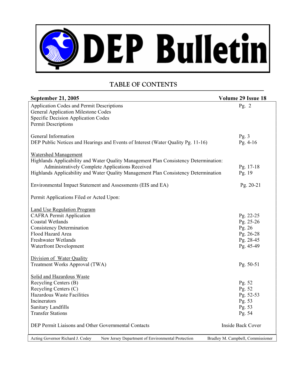 NJDEP-DEP Bulletin, 9/21/2005 Issue