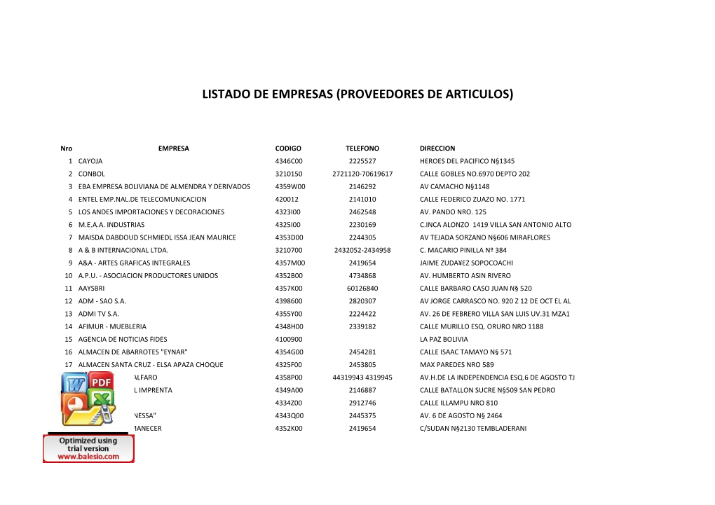 Listado De Empresas (Proveedores De Articulos)