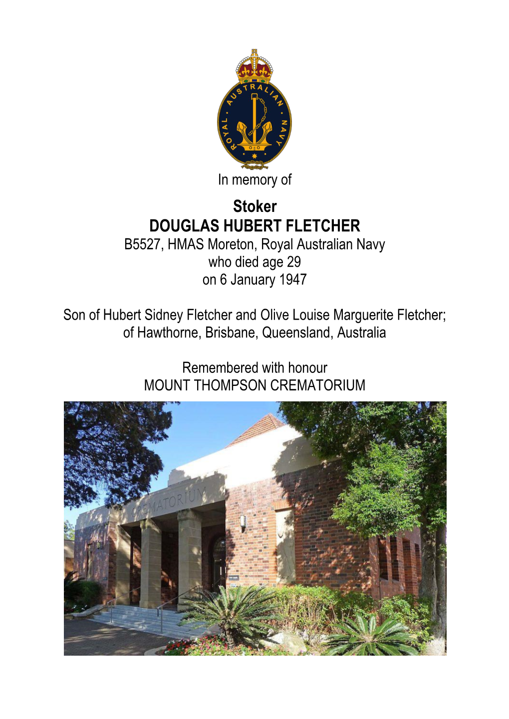 Stoker DOUGLAS HUBERT FLETCHER B5527, HMAS Moreton, Royal Australian Navy Who Died Age 29 on 6 January 1947