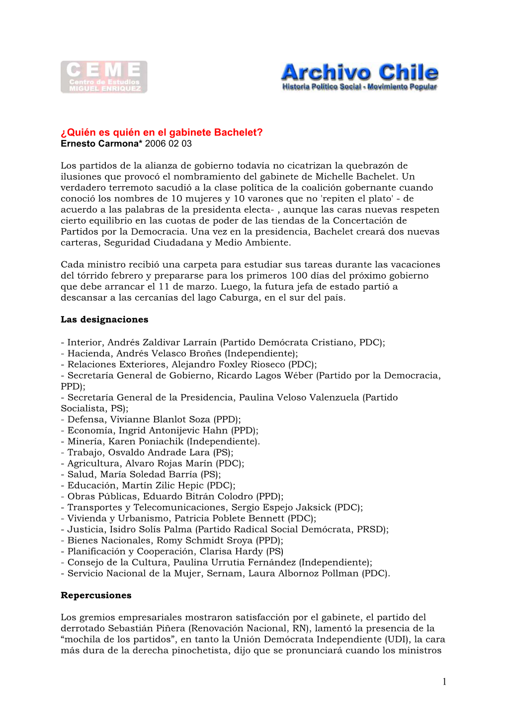 ¿Quién Es Quién En El Gabinete Bachelet? Ernesto Carmona* 2006 02 03