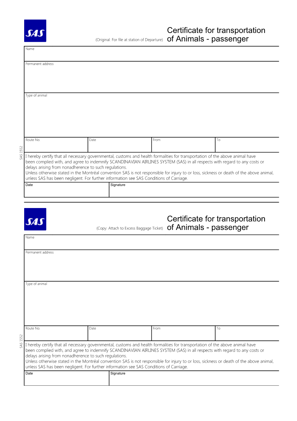 Certificate for Transportation - Passenger