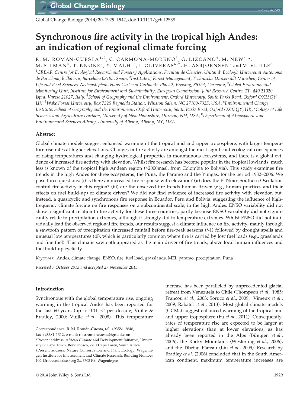 Synchronous Fire Activity in the Tropical High Andes: an Indication Of