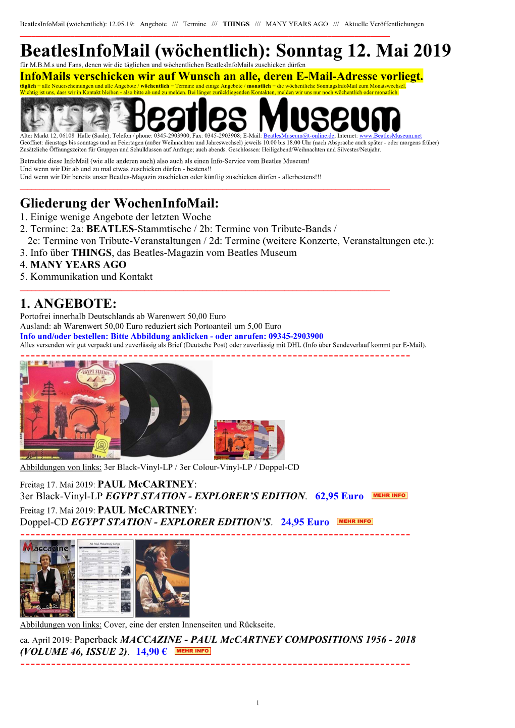 Beatlesinfomail (Wöchentlich): Sonntag 12. Mai 2019