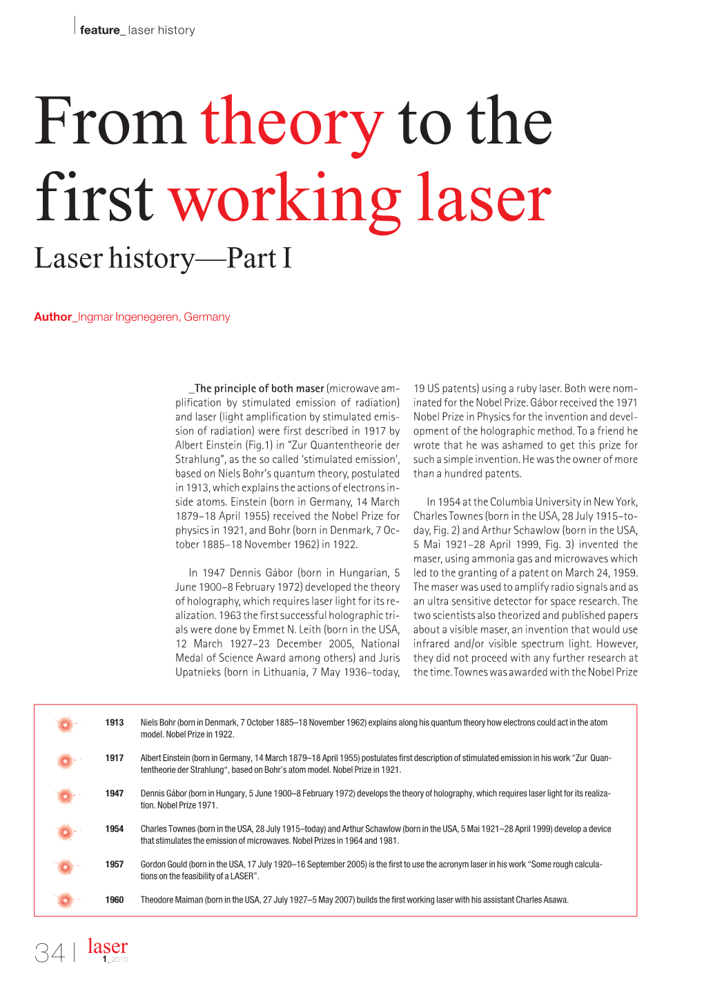 From Theory to the First Working Laser Laser History—Part I