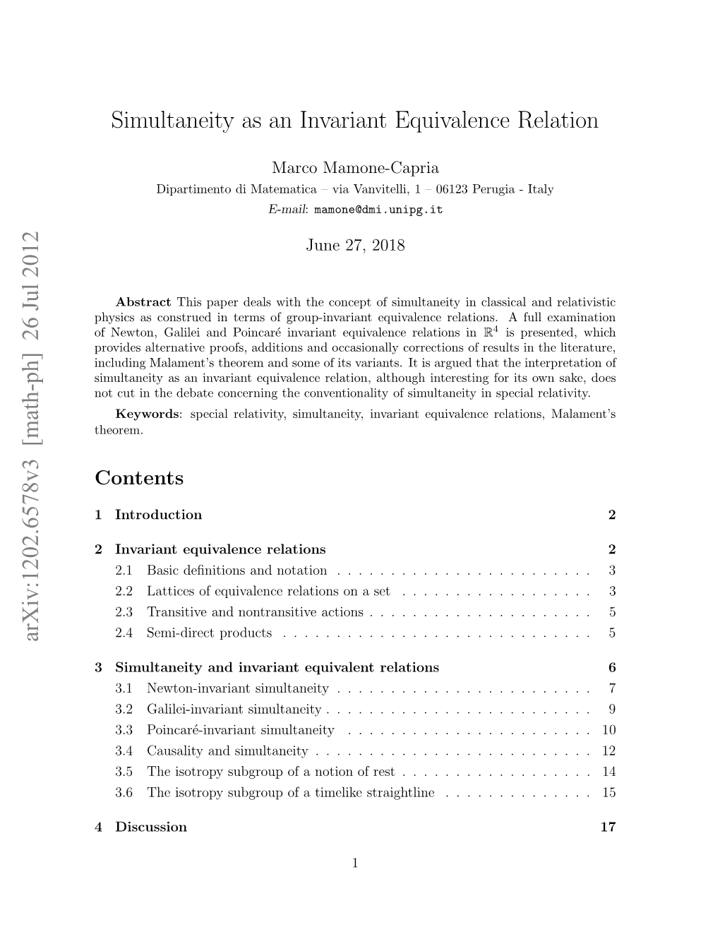 Simultaneity As an Invariant Equivalence Relation