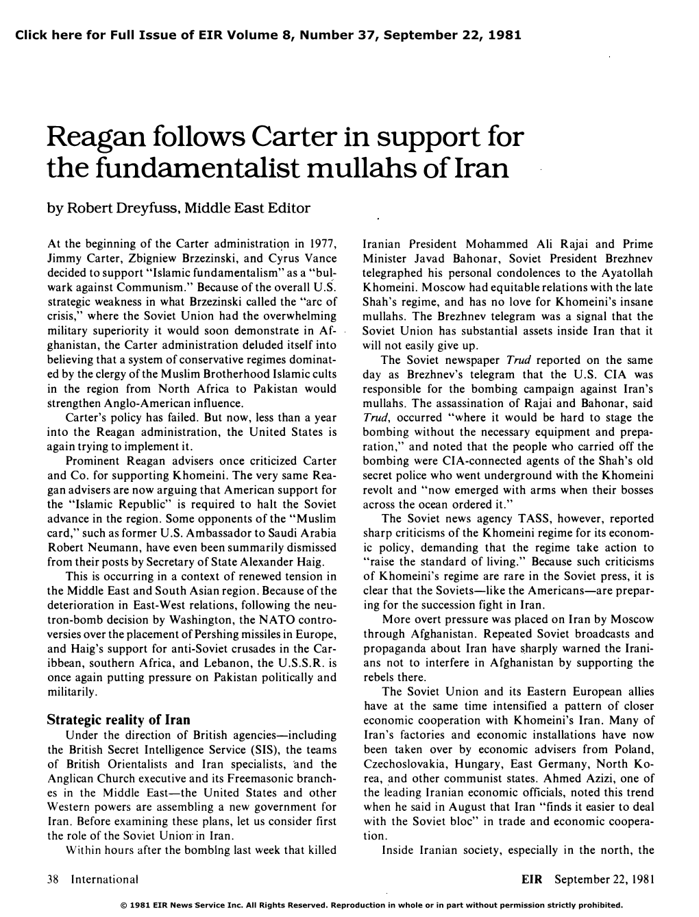 Reagan Follows Carter in Support for the Fundamentalist Mullahs of Iran