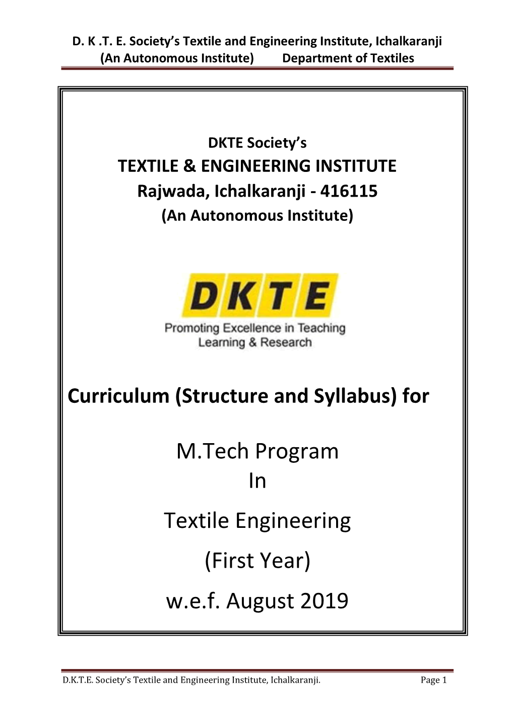 M.Tech Program in Textile Engineering (First Year) W.E.F