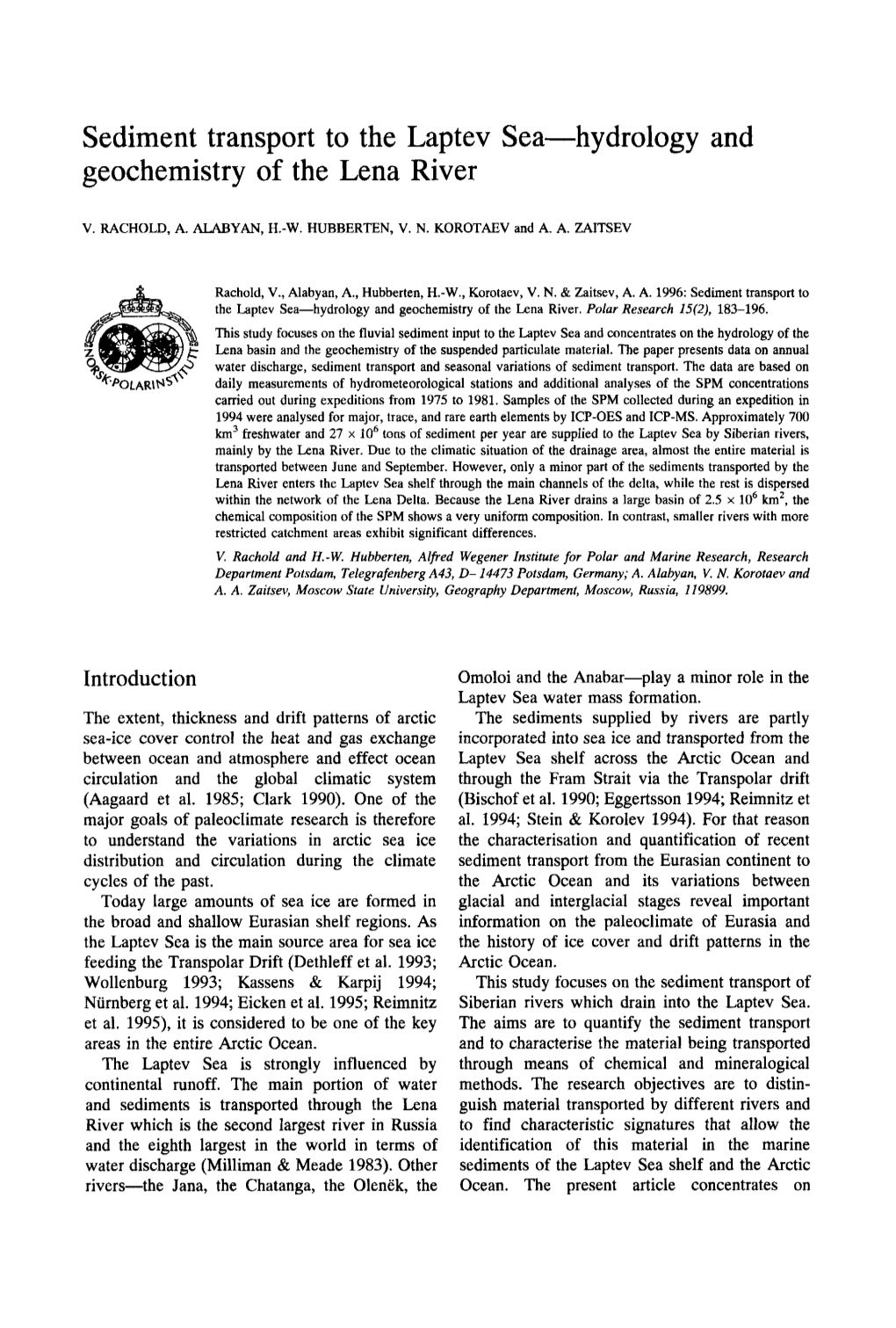 Sediment Transport to the Laptev Sea-Hydrology and Geochemistry of the Lena River