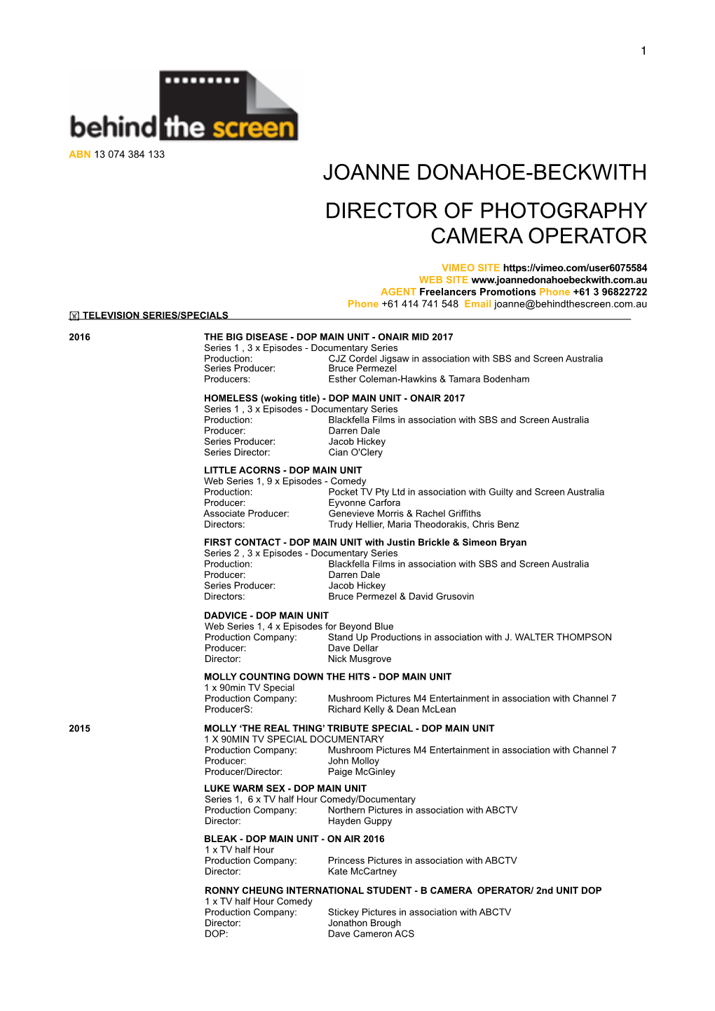 Joanne Donahoe-Beckwith DOP/Camera Operator CV