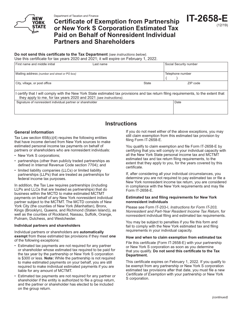 Form IT-2658-E:12/19:Certificate of Exemption from Partnership Or New