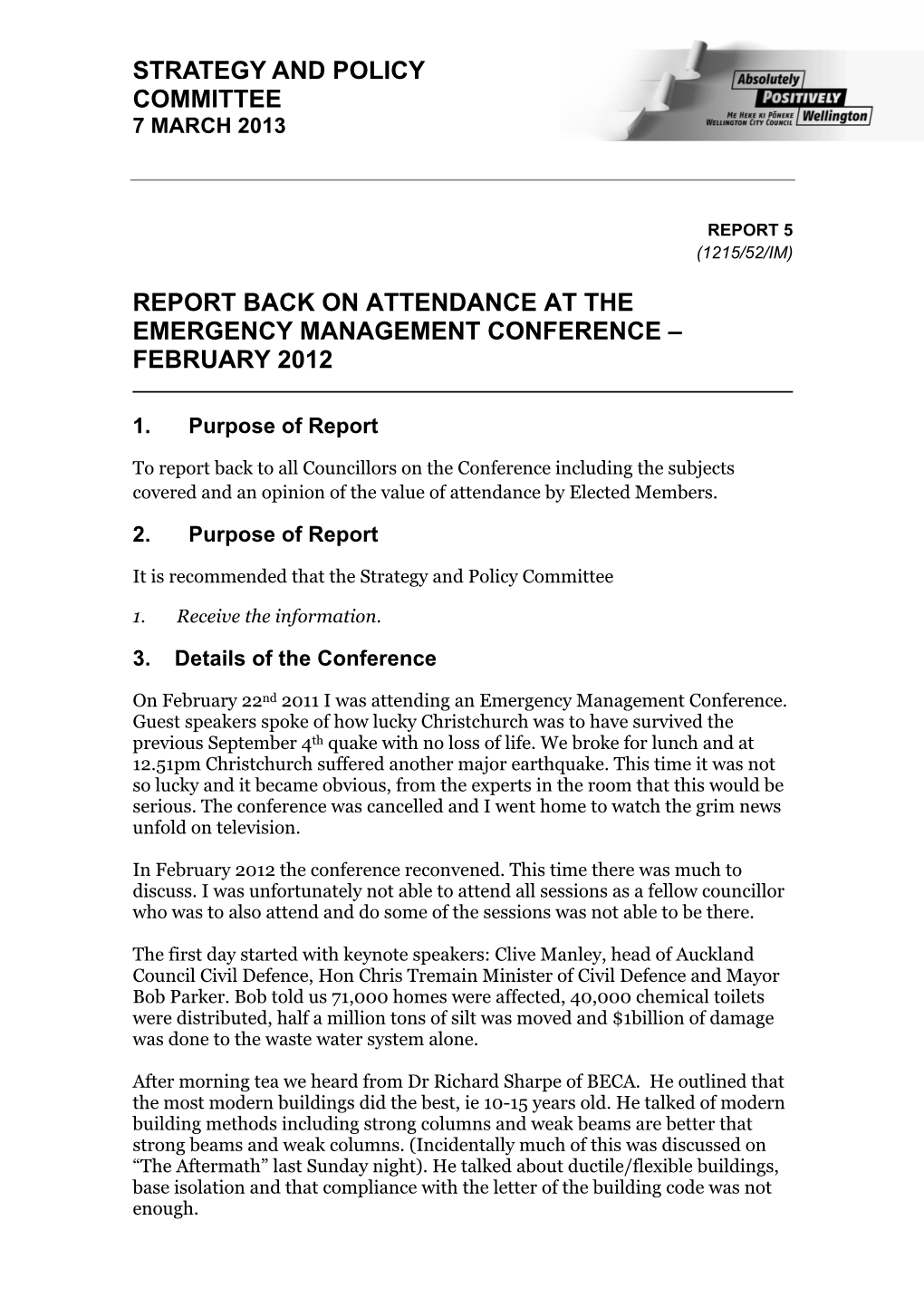 Strategy and Policy Committee Report Back on Attendance at the Emergency Management Conference