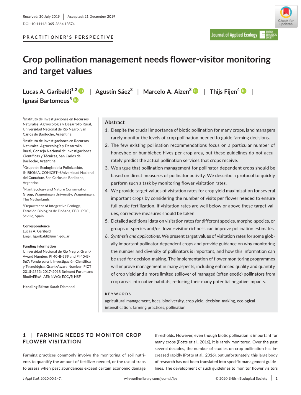 Crop Pollination Management Needs Flower‐Visitor Monitoring and Target Values