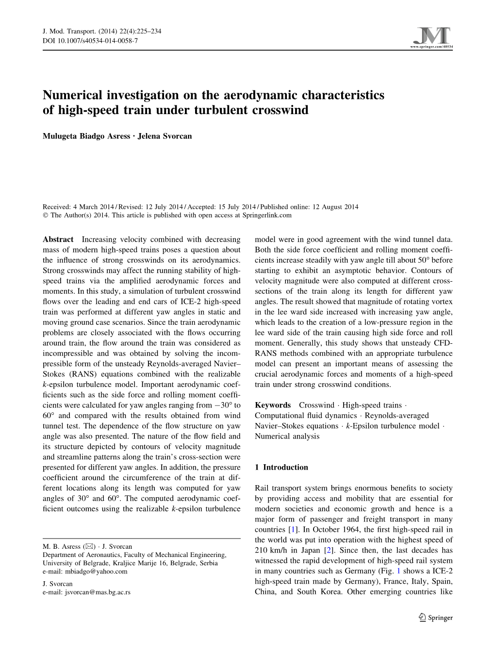 Numerical Investigation on the Aerodynamic Characteristics of High-Speed Train Under Turbulent Crosswind